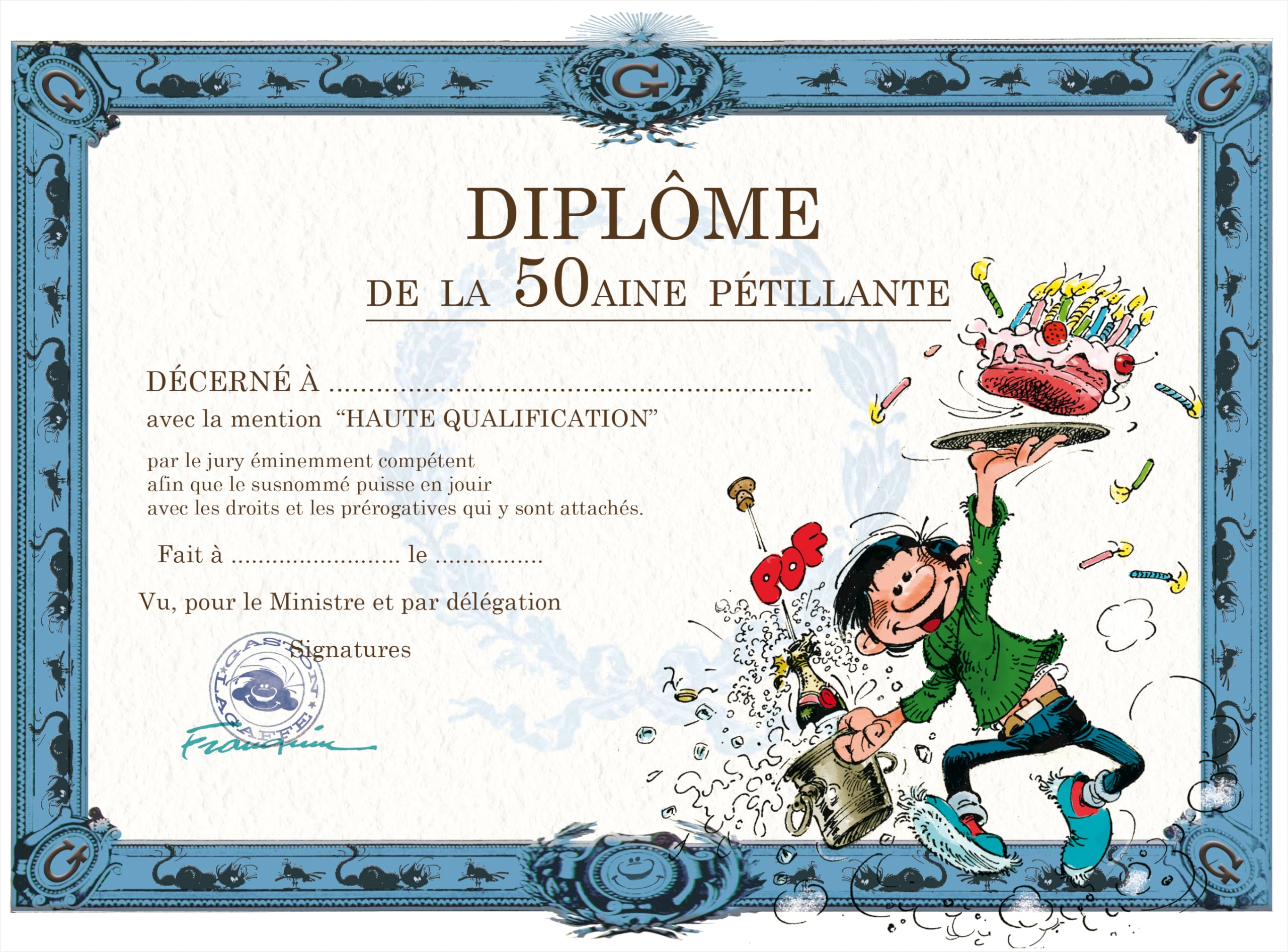 AFIE Gaston Lagaffe 50th Diploma Sparkling Birthday Card - Cake Candles Cream Tart Bottle Wine Sparkling Champagne Stopper Bucket