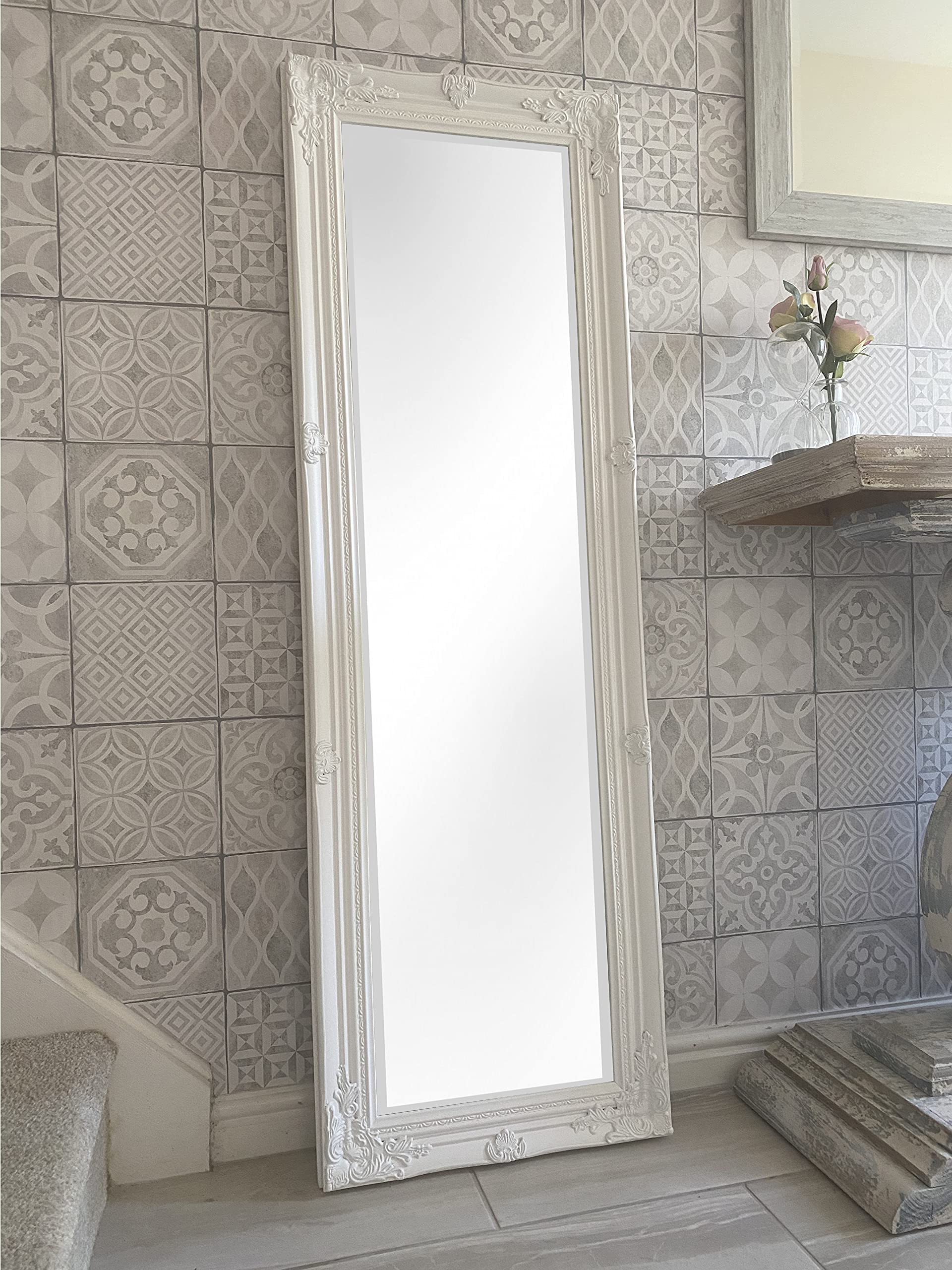 DOWNTON INTERIORS UK White Tall Ornate Dressing Wall Mirror with Bevelled Glass - Overall Size: 142cm x 47cm