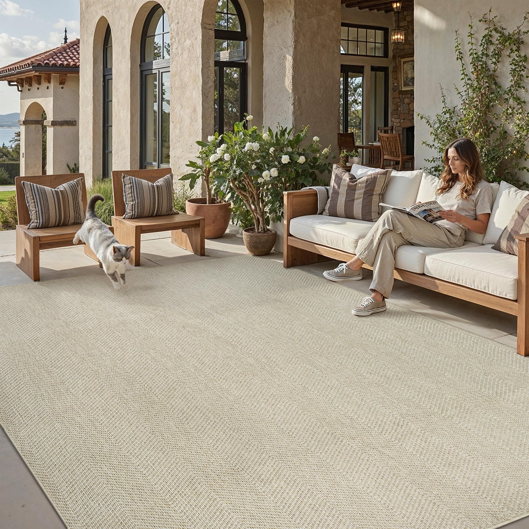 PureCozy Alfombra Exterior 200x300cm Salon Terraza Impermeable Taupe Antideslizante Lavable Interior Alfombras Habitacion Jardin Comedor Patio Dormitorio Aspecto Yute Tapete en oferta en Amazon