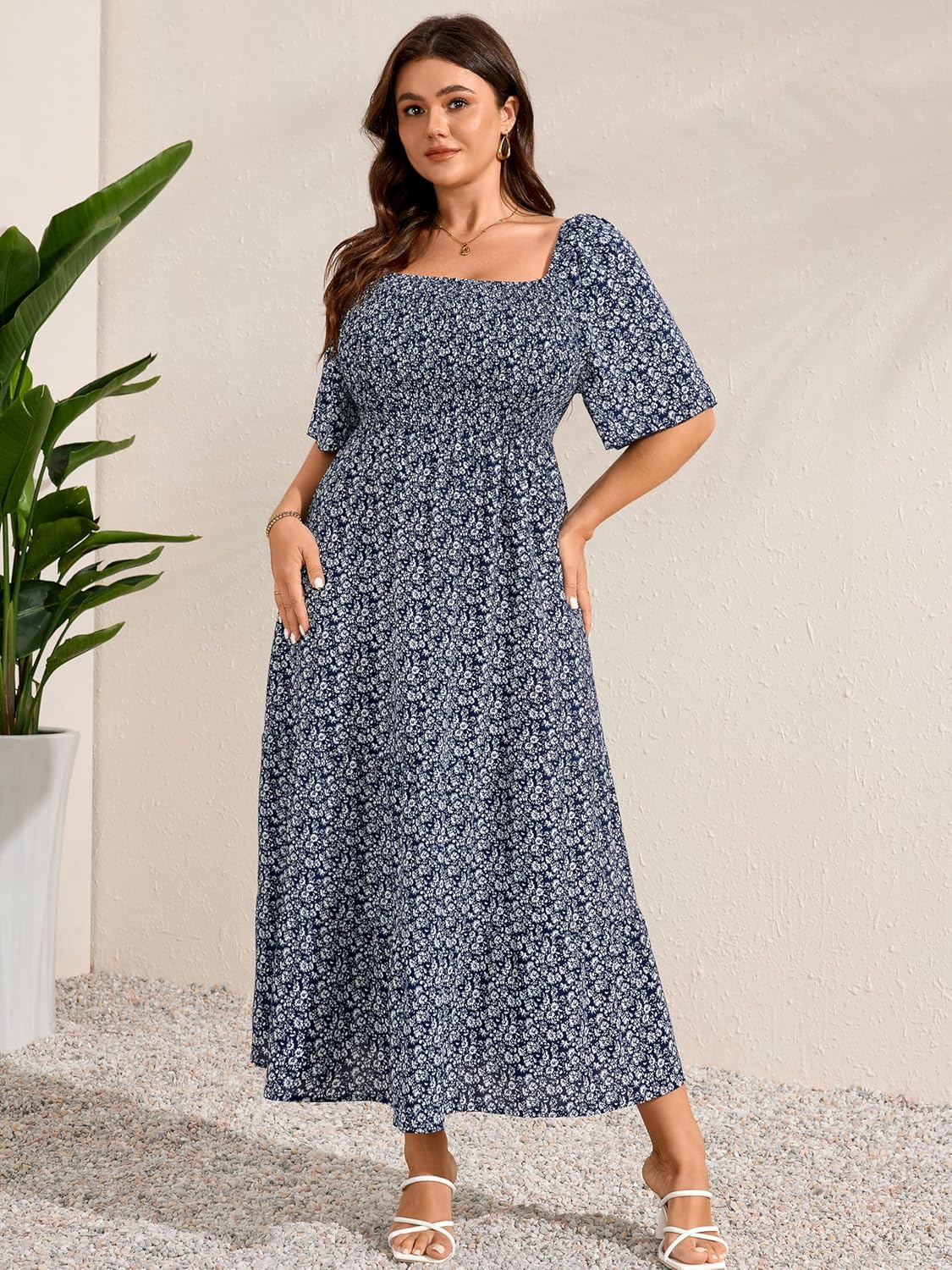 RWJ Women's 2026 Plus Size Summer Dress Short Sleeve Smocked Boho Wedding Guest Beach Vacation Floral Maxi Dresses
