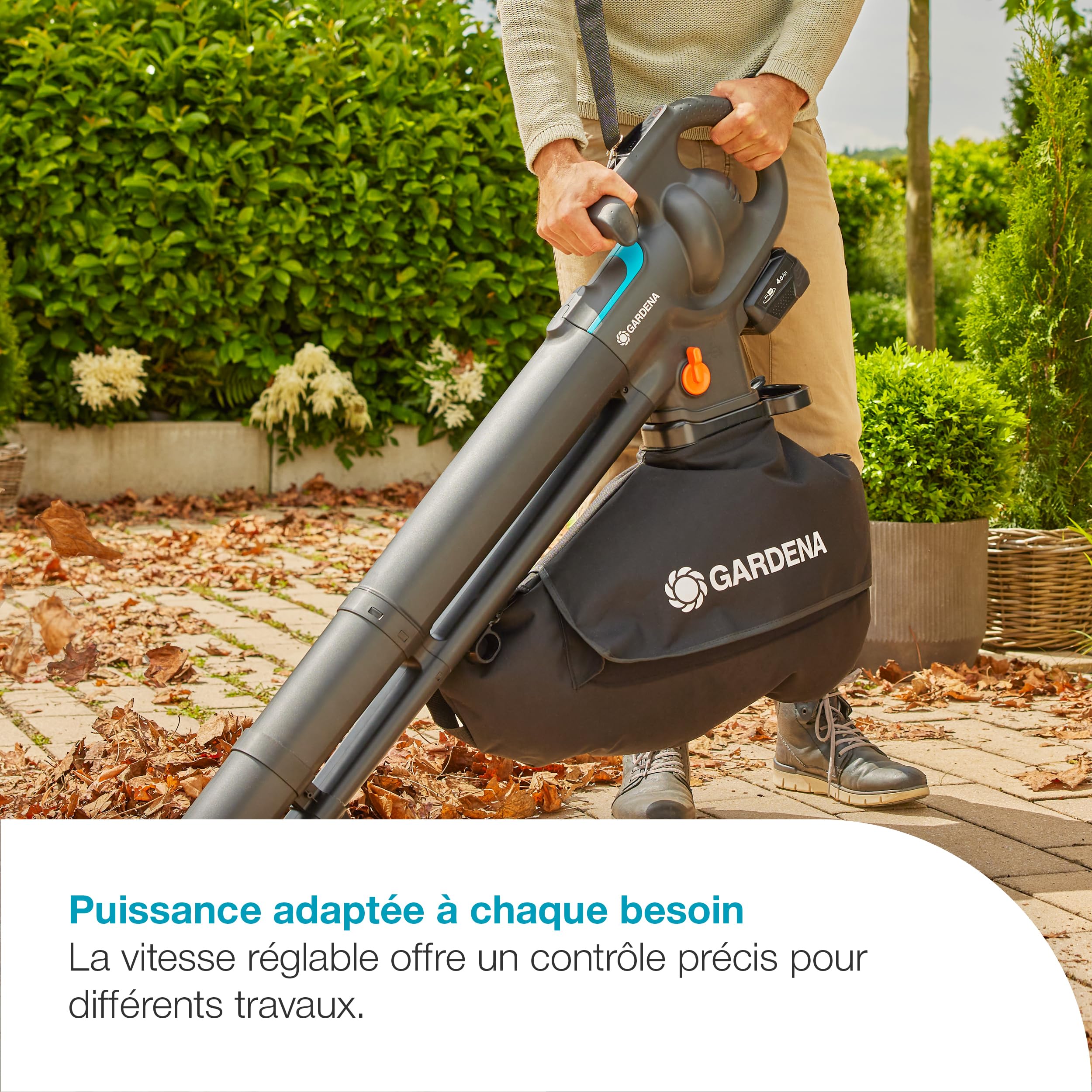 Gardena Aspirateur souffleur broyeur 3-en-1 sur batterie PowerJet Collect 18V P4A Kit prêt à l’emploi