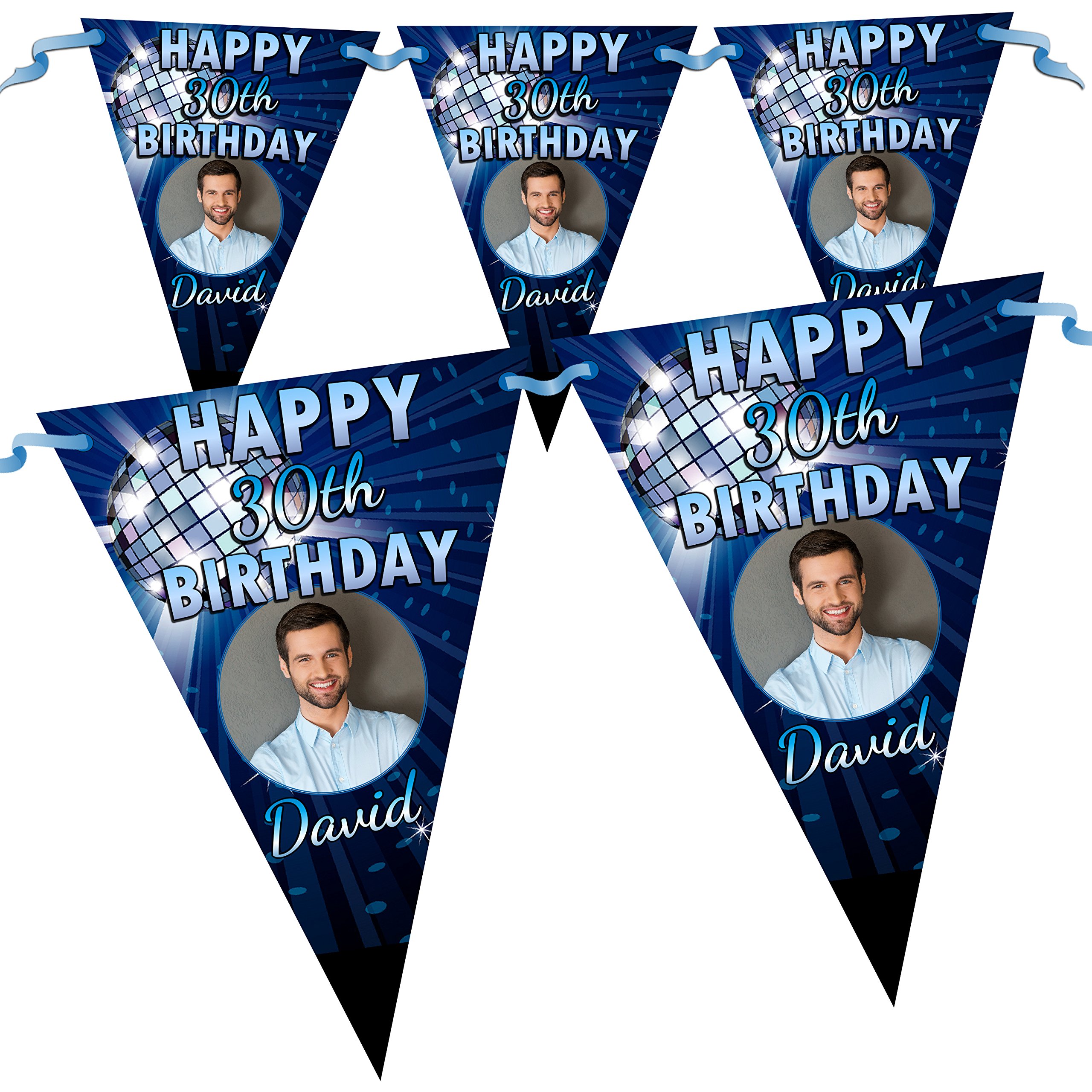 Invite Designs Ltd Blue Personalised Disco Glitz Birthday Party Photo Flag Banner Bunting N69-10 Flags Inc Ribbon 18Th 21St 30Th 40Th 50Th Any Age!
