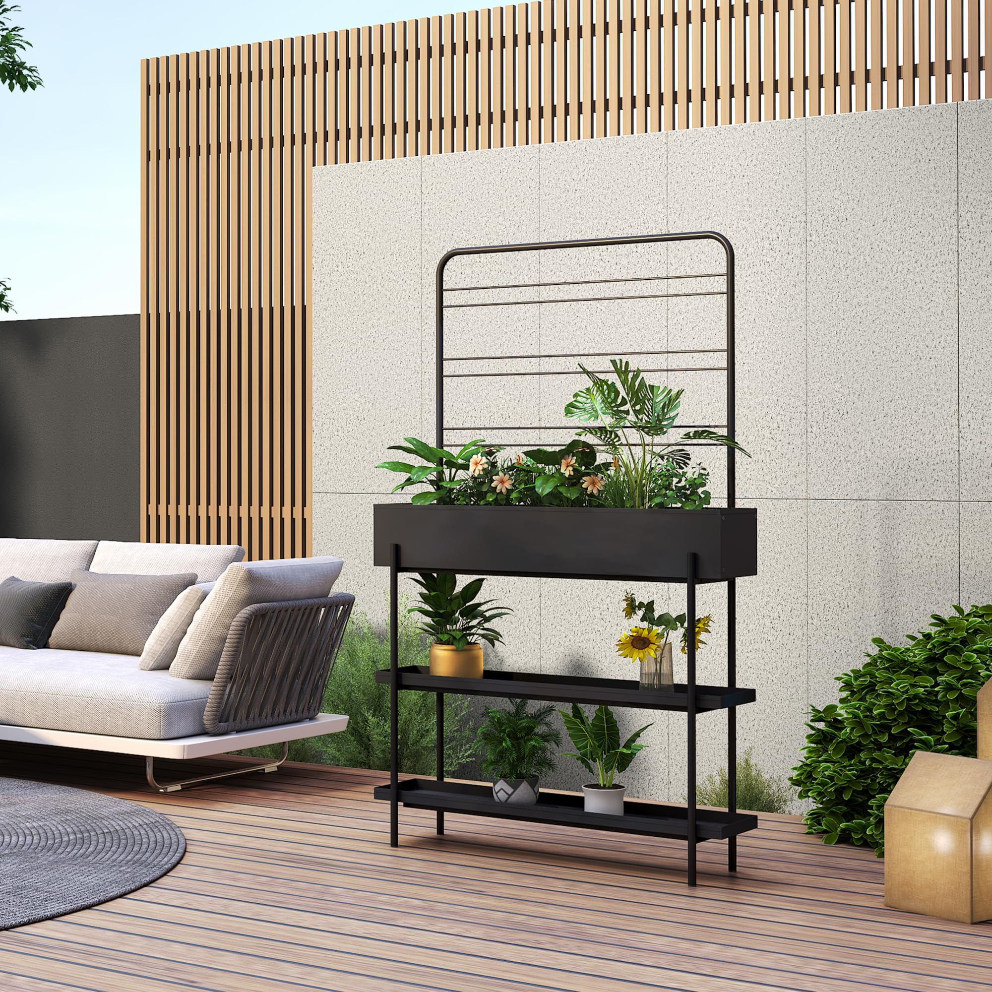 casa.pro Outdoor Pflanzenregal Aalsmeer Pflanzenständer mit Blumenkasten 2 Ablagen Blumenregal aus Metall 154 x 96 x 24 cm indoor Schwarz