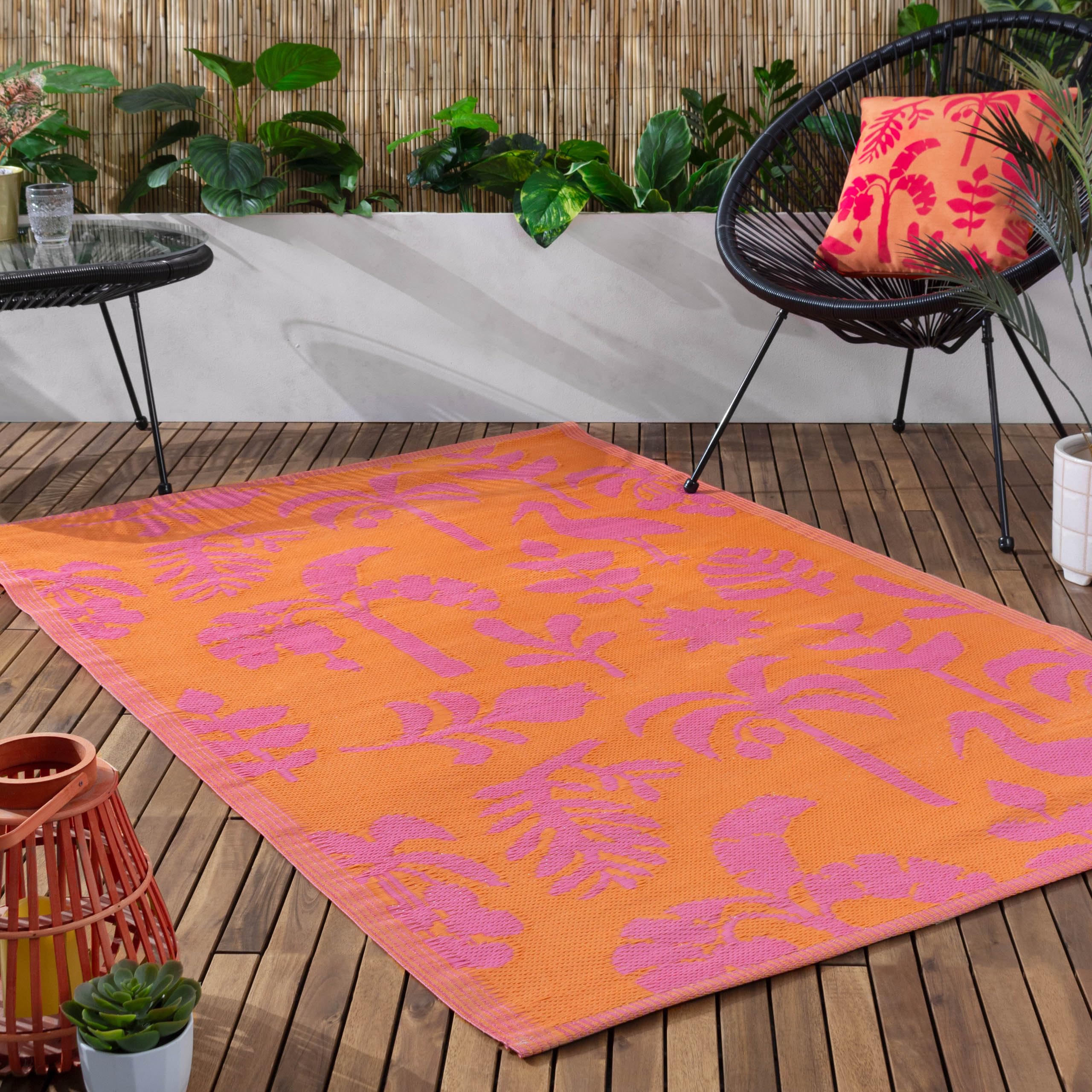 furn. Marula Rug – Indoor/Outdoor Woven Botanical Tropical Birds Weather Resistant Easy Clean Lightweight Rug (Orange/Pink - 120x180cm)