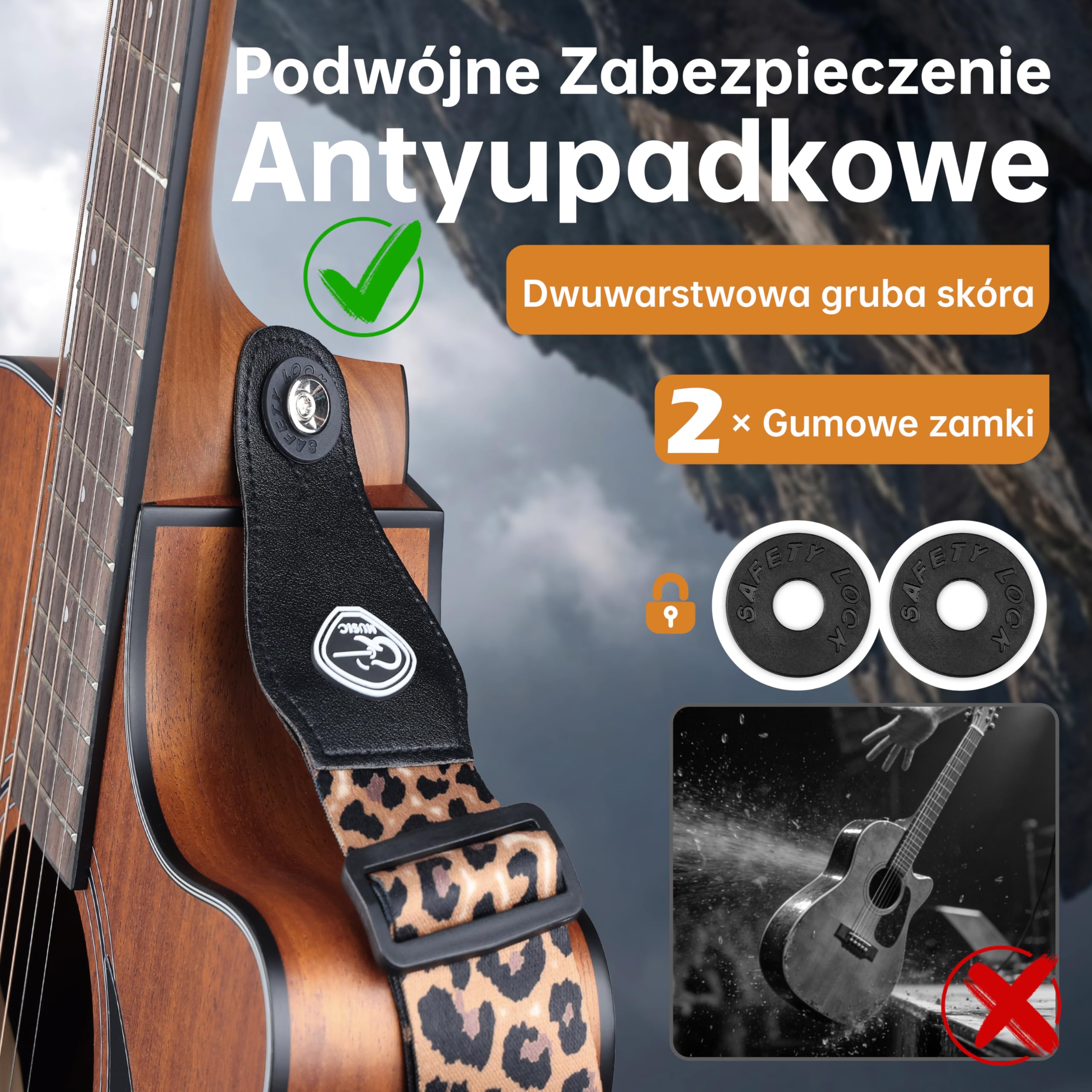 SUNYA Pasek do gitary nylonowy, szerokość 5 cm z końcówkami ze skóry licowej, zawiera gumowe blokady i kostki, regulacja 88-145 cm do gitar akustycznych, elektrycznych i basowych