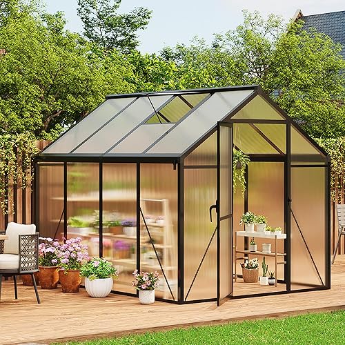 6 X 8 FT Greenhouse, Outdoor Greenhouses, Polycarbonate Panels with Aluminum Frame, Adjustable Roof Vent and Lockable Door, Green Houses for Outside Backyard, Garden, Patio