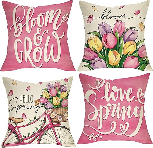 Fjfz Hello Spring Tulip Flower Bike - Juego de 4 fundas de almohada decorativas para bicicleta, 18 x 18 pulgadas, Bloom Grow Love Spring Pink