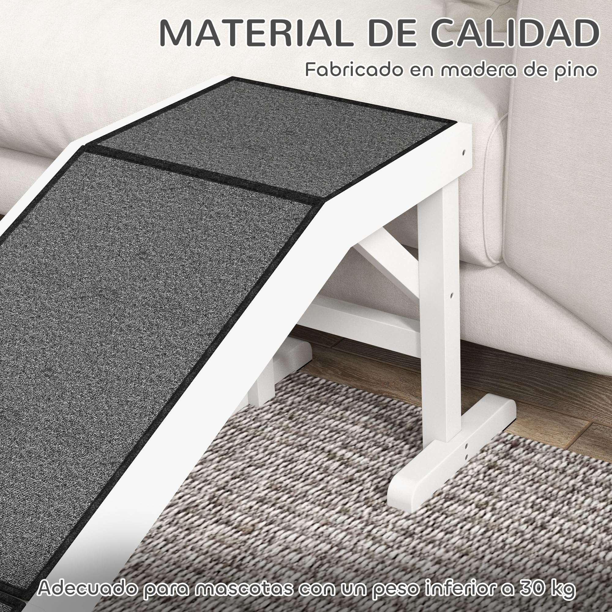 PawHut Rampa para Perros de Madera Rampa para Mascotas para Cama/Sofá con Alfombra Antideslizante para Perros Pequeños Medianos y Grandes 152x40x50 cm Blanco y Gris