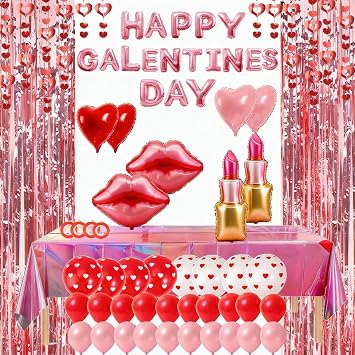 Auihiay Galentines Day Decorations Kit - 130pcs+ Pink Foil Fringe Curtains, Table Cloth, Pink Letter & Heart Balloons, Lips Balloons, Heart Banner Decor for Girls Galentines Day Birthday Party