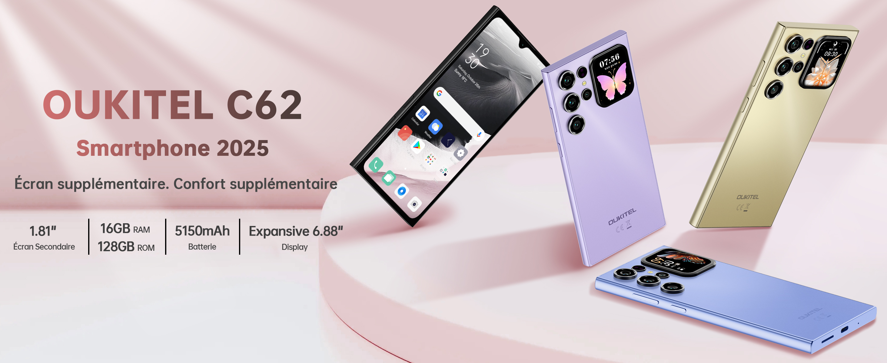 OUKITEL C62 Android 15 Mobile Phone with Back Screen, 16(4+12) GB