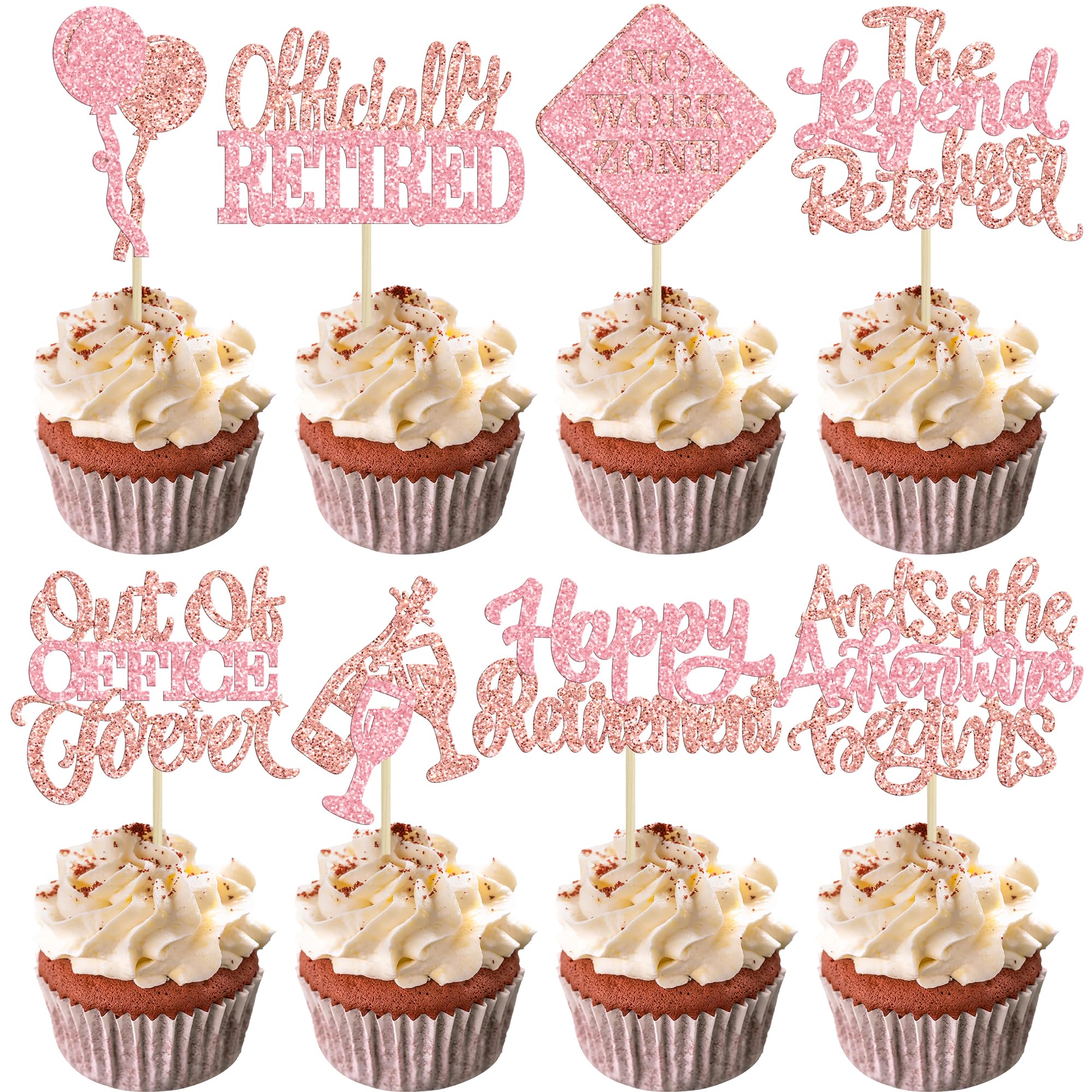 Ephlyn 24Pcs Happy Retirement Cupcake Toppers Officially Retired Cupcake Picks the Legend has Retired Cake Decorations Out of Office Forever Cake Toppers for Farewell Party Supplies Pink Rose Gold