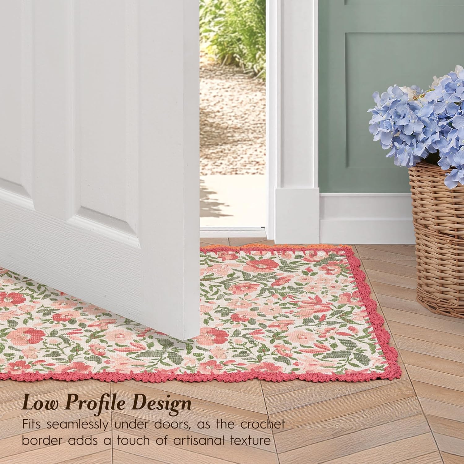Laura Ashley Cotton Crochet Border Sherston Coral Pink Floral Machine Washable & Slip Resistant 1'8" x 5' Runner Rug
