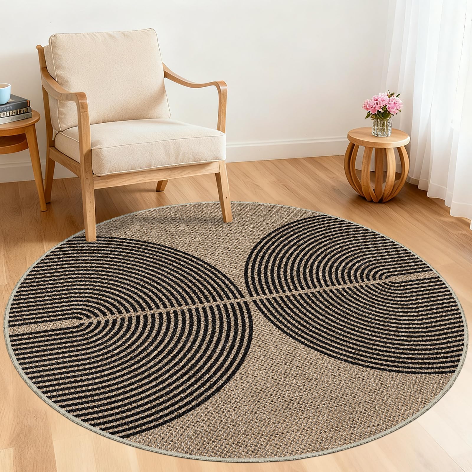 Tapis de salon rond 120 cm aspect jute naturel lavable et antidérapant Capslpad