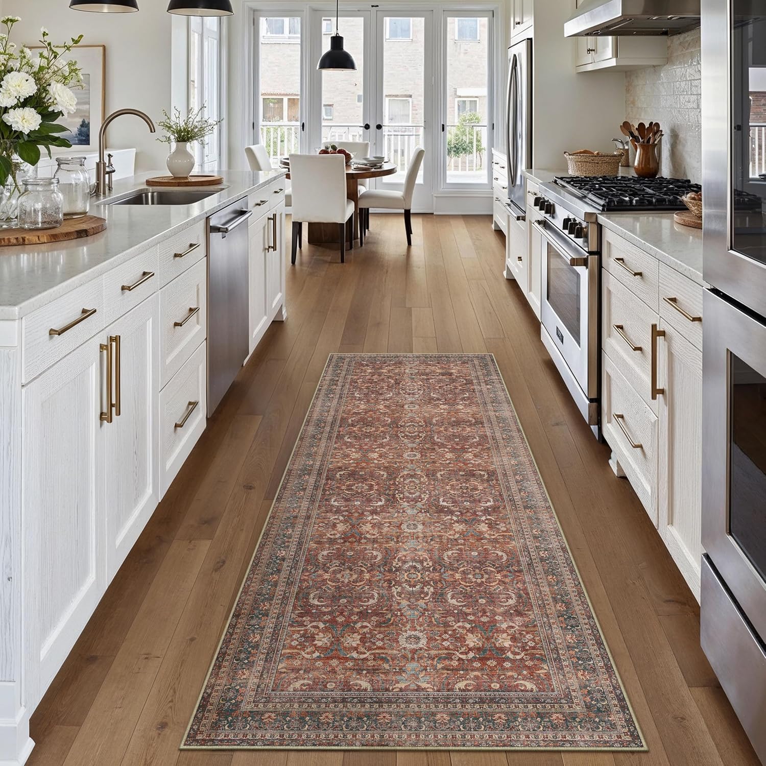 HUGEAR 2x6 Runner Rug Hallway Vintage Brick Red Machine Washable Retro Floral Low Pile Carpet Vacuumable Distressed Long Throw Rug Bedroom Office Bathroom Kitchen Laundry Non Slip Soft Lightweight