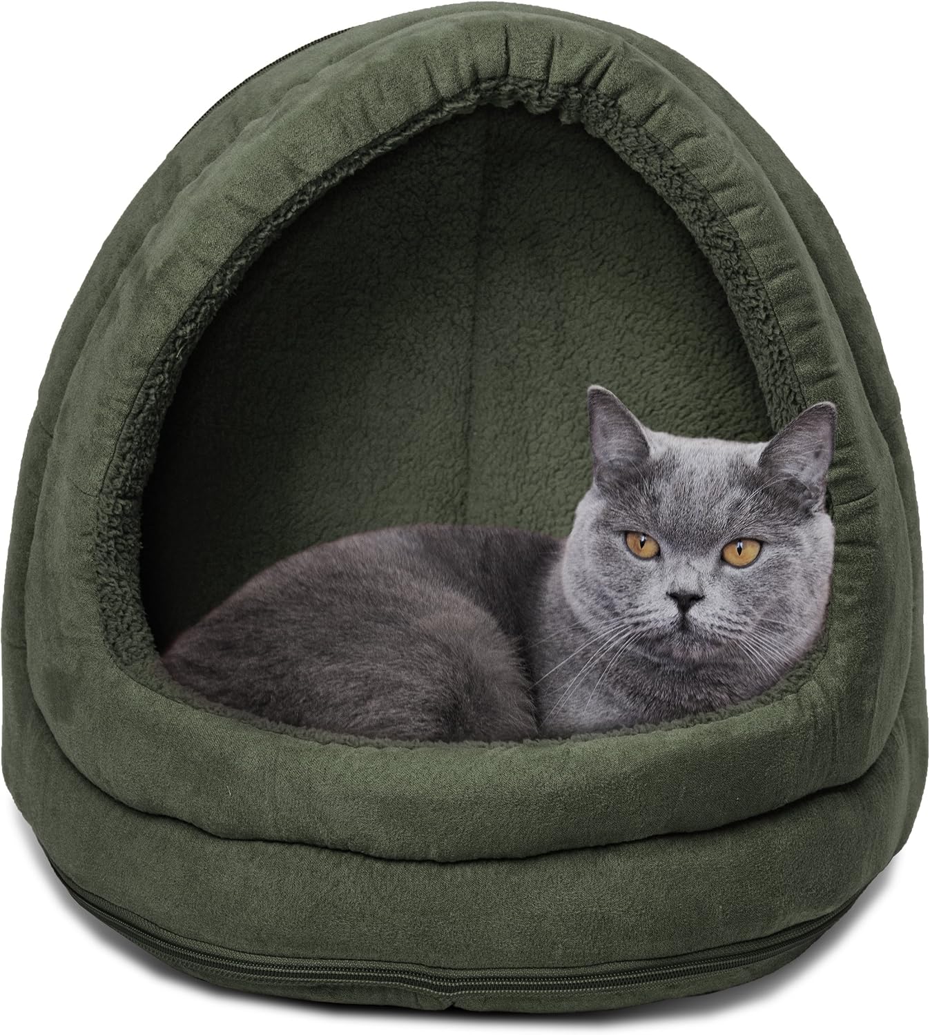 Furhaven Pet Bed for Cats and Small Dogs - Convertible Hooded Tent Cave Terry and Suede Cat Bed, Washable, Forest, One Size