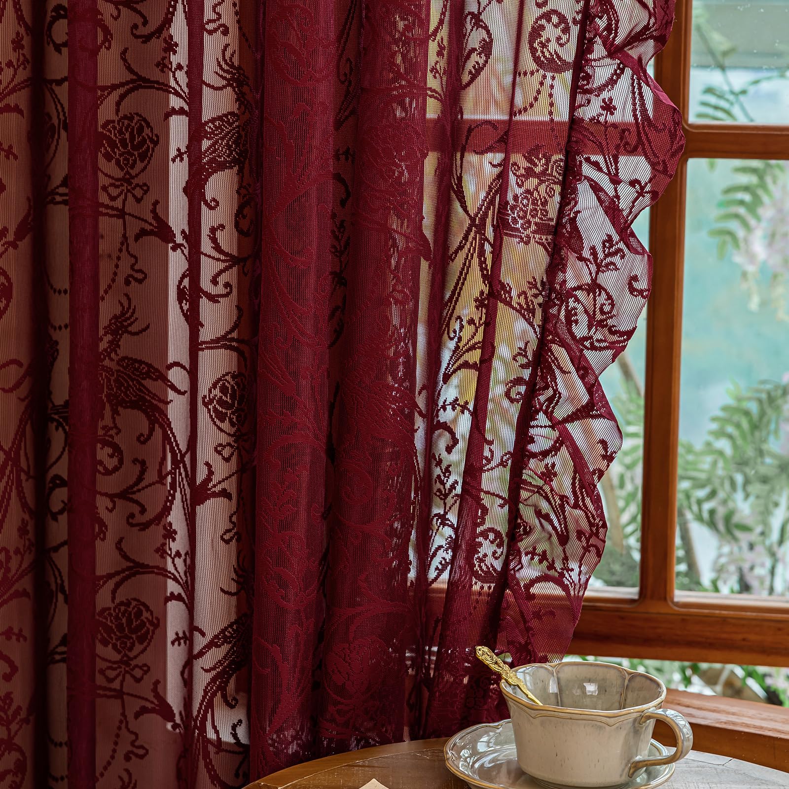 TUDECO Sheer Burgundy Curtains for Bedroom 2 Panels Set - Romantic Floral Branch Wine Red Lace Curtains 72 Inch Length, Embroidered Ruffle Window Treatment Vibrant Home Decor, 59 x 72 Inch, Maroon