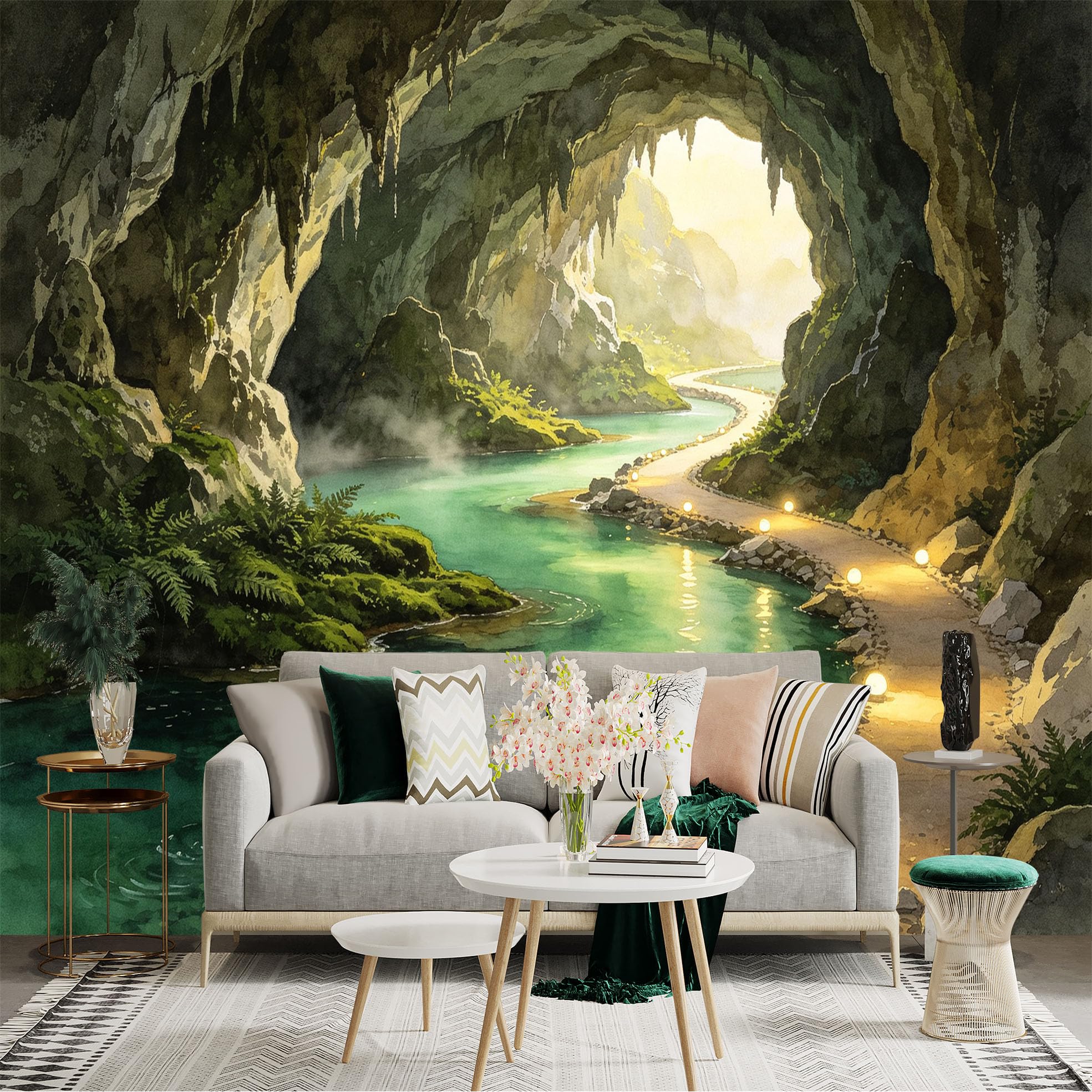 Custom Size Wall Sticker Mural， Enchanted Limestone Cave with Glowing River， Serene Nature Landscape， for wall Decoration， peelandstick wall Decals.