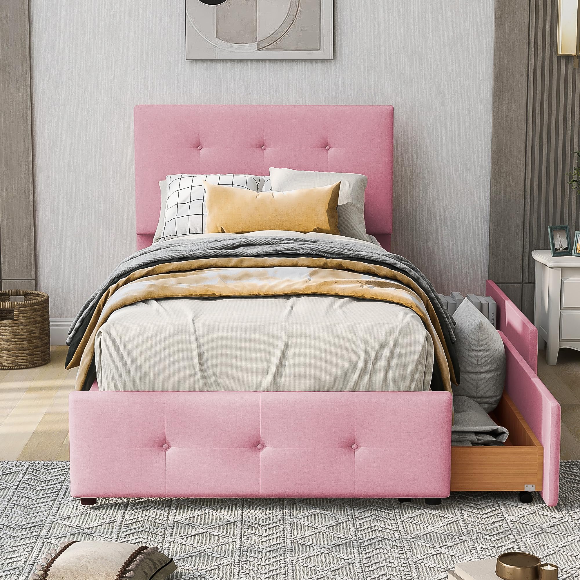 Merax Polsterbett Einzelbett mit 2 Schublade, Bett mit Lattenrost und Rückenlehne, Samtstoff, Kinderbett Jugendbett Gästebett, Stauraumbett, Schlafzimmermöbel, ohne Matratze, 90 x 200 cm, Rosa