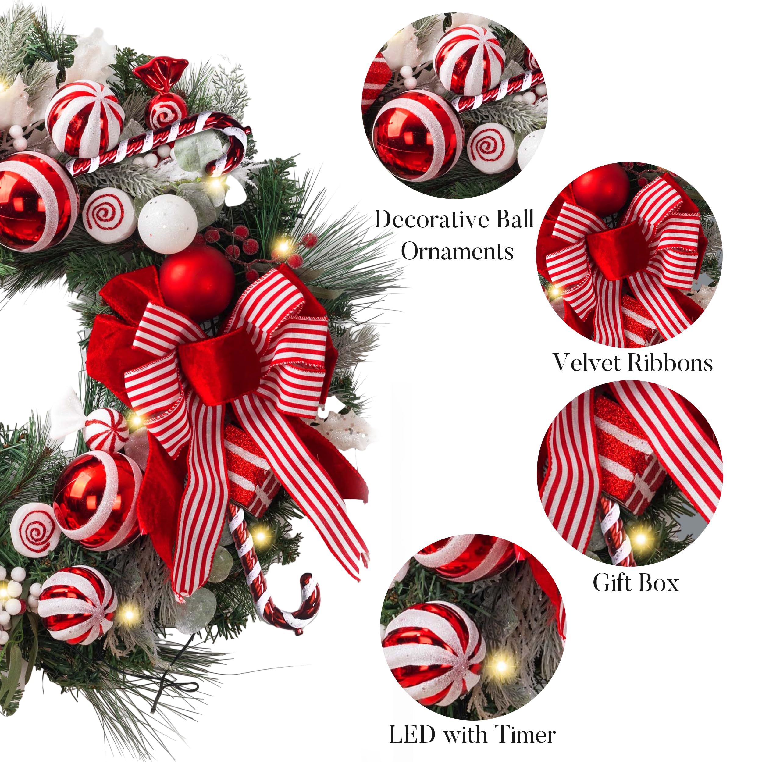 Beleuchteter Weihnachtskranz Für Tür & Wand – Mit LED-Lichtern, Kugeln – 61 Cm – 8 Lichtmodi – Für Innen & Außen