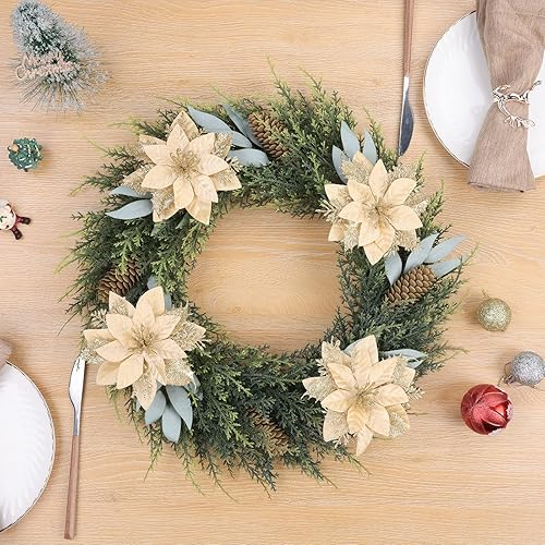 Miniatura 6 de Pauwer 12 flores de Pascua artificiales con purpurina con clips, tallos de árbol de Navidad, decoración de flores de Pascua para árbol de Navidad,