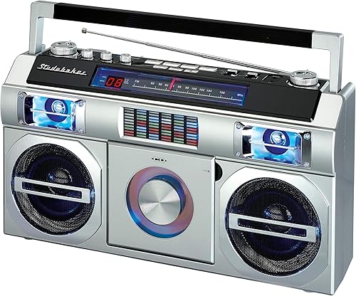 Vista 9 de Studebaker SB2145TE - Boombox Bluetooth retro de los 80 con radio FM, reproductor de CD, ecualizador LED, alimentación RMS de 10 vatios y CA/CC