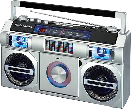 Studebaker SB2145S 80s Retro Street Bluetooth Boombox with FM Radio, CD Player, LED EQ, 10 Watts RMS Power and AC/DC in Silver