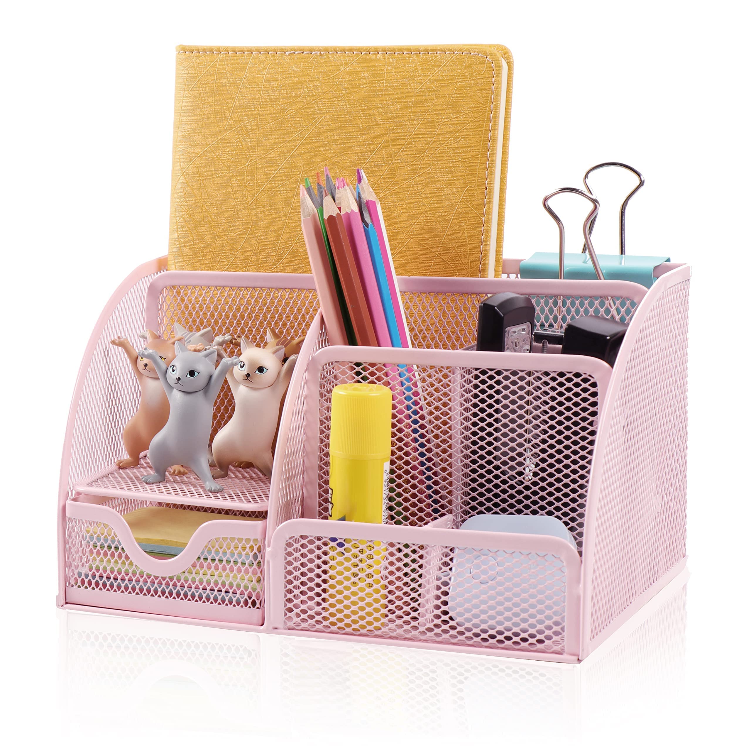 Tiokkss Desk Organizer Office Accessories, Multi-Functional Mesh Desk Organizer Pen Holder Organizers Set with 6 Compartments and 1 Drawer for Home, Office, School, Workshop, Kitchen (Pink)