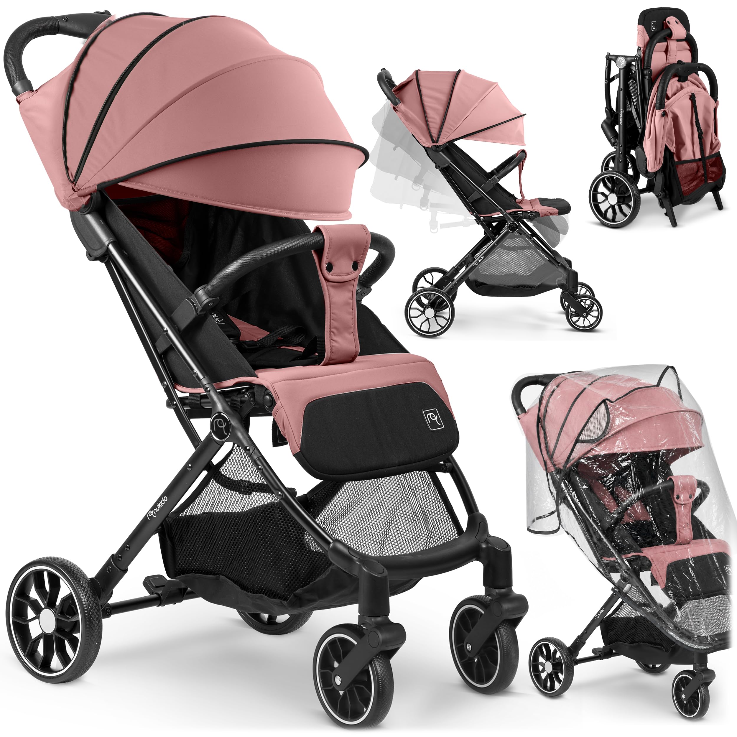 Nukido Passeggino per bambini 0-36 mesi 0-15 kg pieghevole automatico in 2 secondi ruote a 360° con ammortizzazione grandi ruote tuttofare rosa