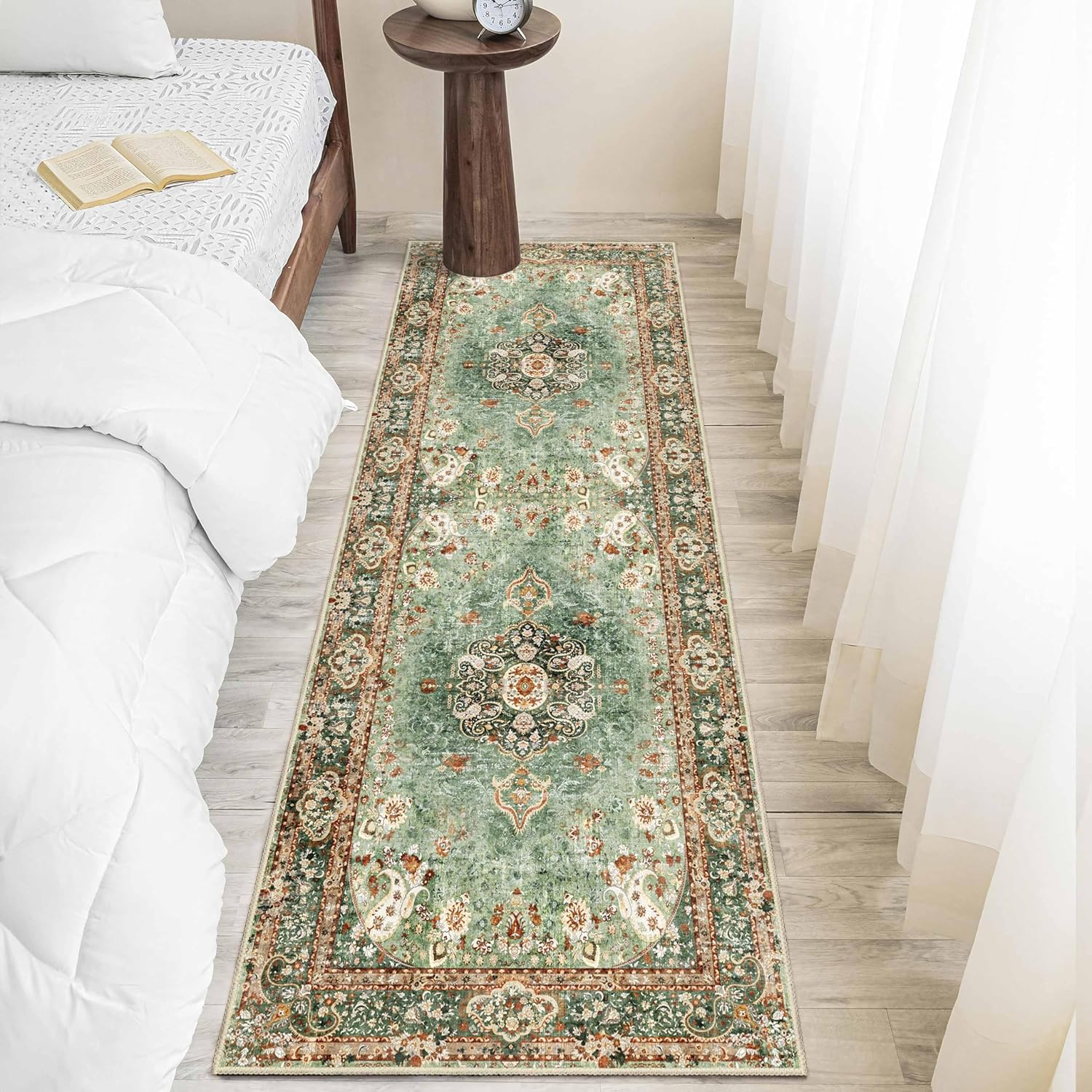 Green Floral 2' x 6' Washable Non-Slip Runner Rug