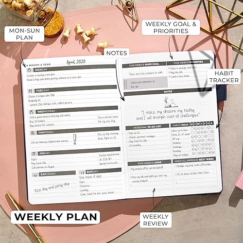 Miniatura 3 de Clever Fox Planificador semanal y mensual sin fecha para productividad, gestión del tiempo y objetivos, diario organizador - A5 (azul oscuro)