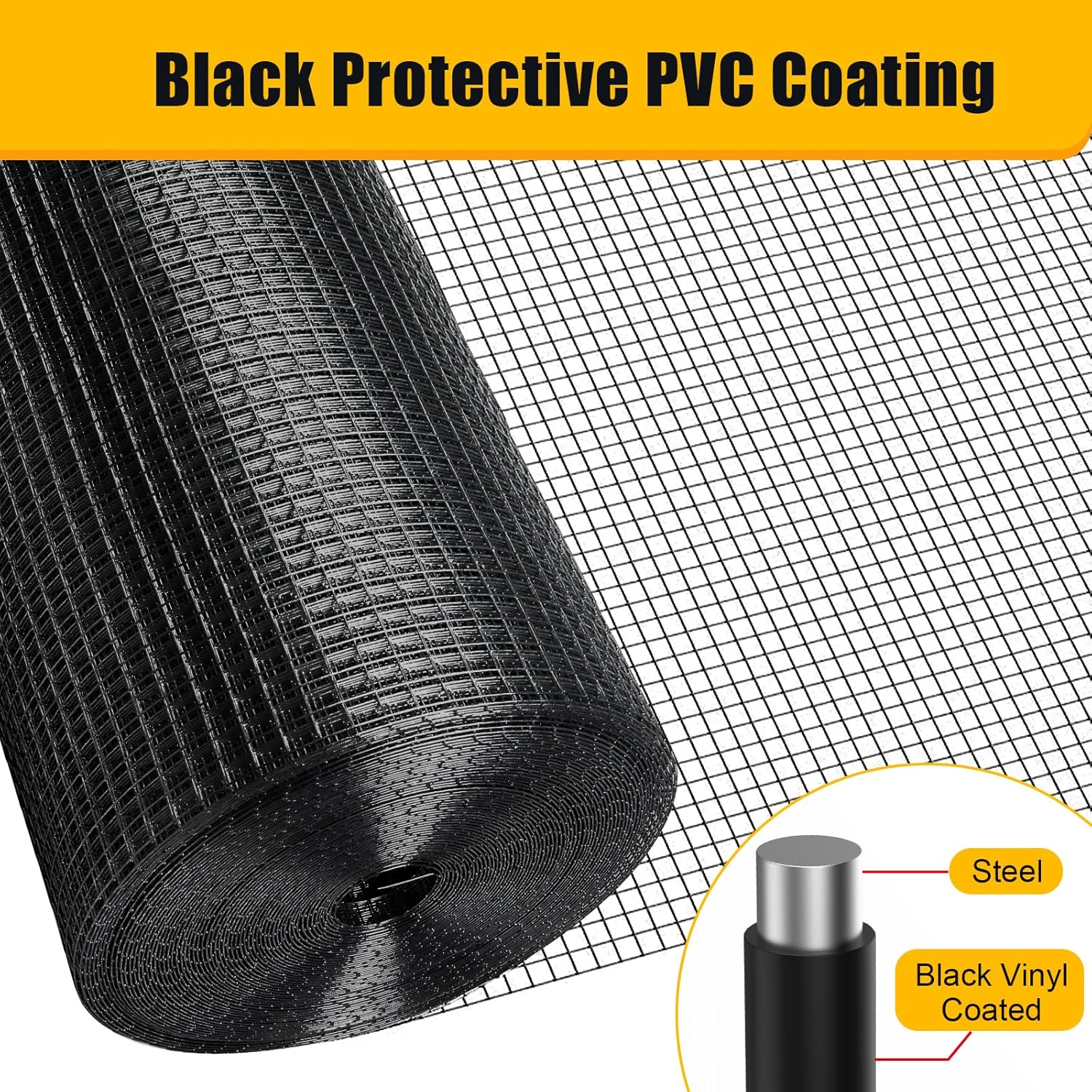 1/2" 48'' x 50' 19 Gauge Vinyl Coated PVC Hardware Cloth Wire Chicken Rabbit Fence Poultry Cage Mesh Roll for Garden, 1/2 inch 48 in x 50 ft, Black PVC Coating Chicken Wire Fence Mesh Roll