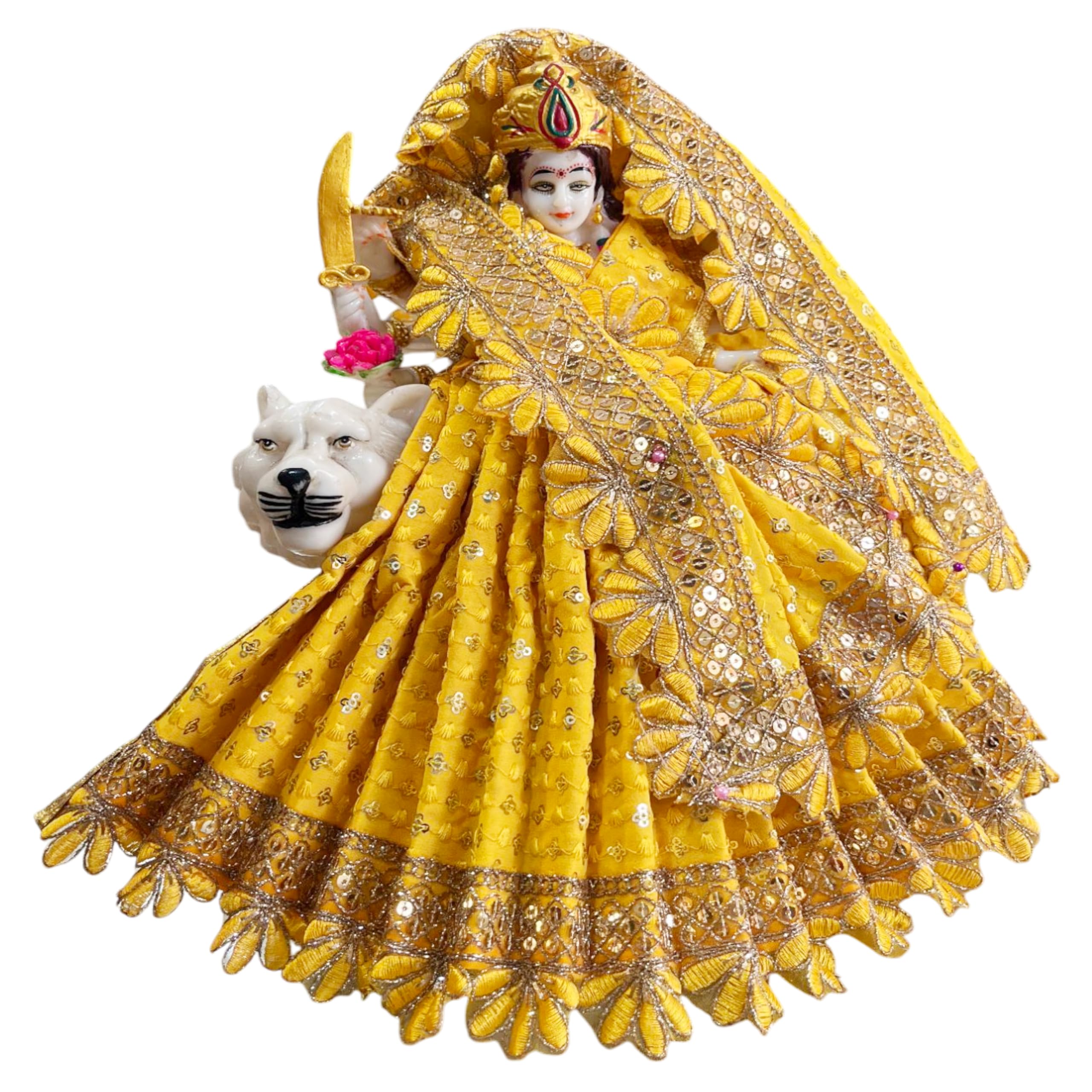 DAMODAR'S™ Beautiful Durga MATA Rani Idol Washable Dress// Yellow Georgette Fabric Guaranteed (5"/9INCH Idol)-image-45