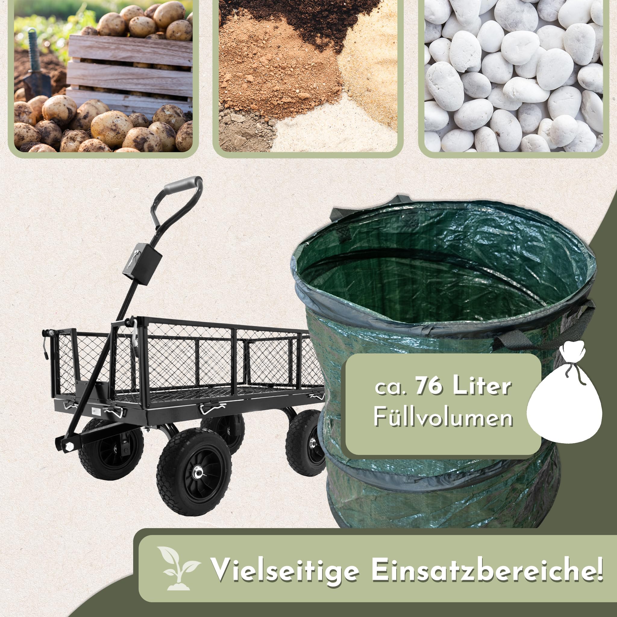 Lemodo Gartenwagen aus Stahl mit Laubsäcken und Gummireifen, 300 kg Tragkraft, Ladefläche 96,5 x 53 x 22 cm, Anhänger mit Kupplung für Rasentraktor ideal für Laub, Gartenabfälle, Holz und Gartenarbeit