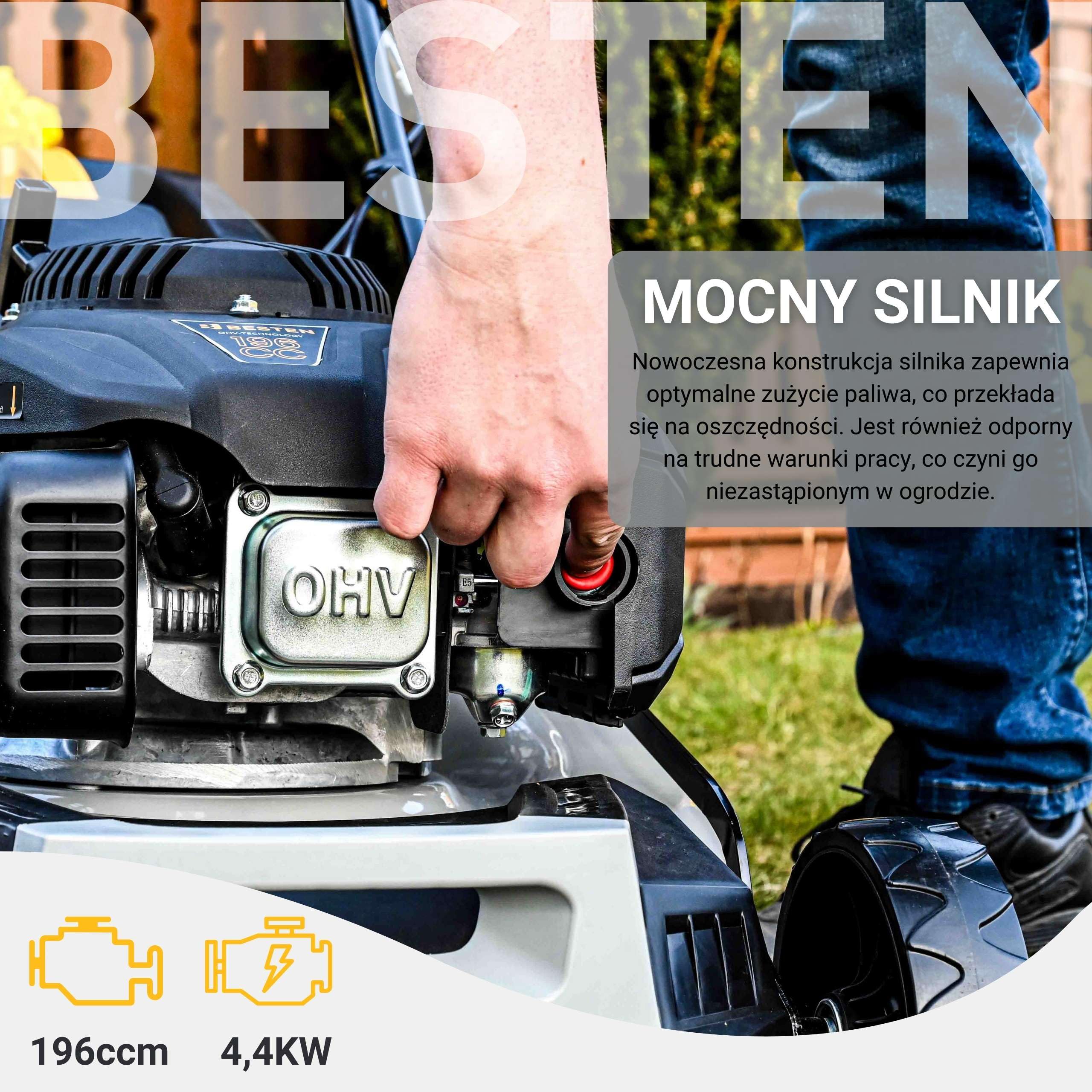 BESTEN Kosiarka Spalinowa z Napędem 196CC, Szerokośc Cięcia 51cm, Kosiarka Ogrodowa z Funkcją Bocznego Wyrzutu i Mocnym Zderzakiem, 8-Stopniowa Regulacja Wykości Koszenia, Kosz 62L,