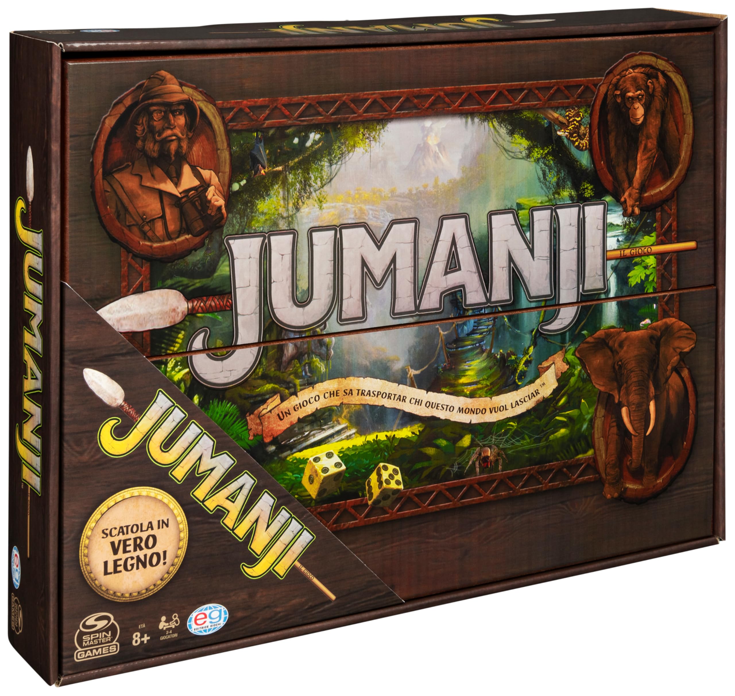 Spin Master Games Editrice Giochi, Jumanji, Jumanji Il Gioco da Tavolo in Legno, Formato Deluxe, Giochi da Tavola di Avventura per Famiglie e Amici, da 2 a 4 Giocatori, 8+ Anni, packaging may vary