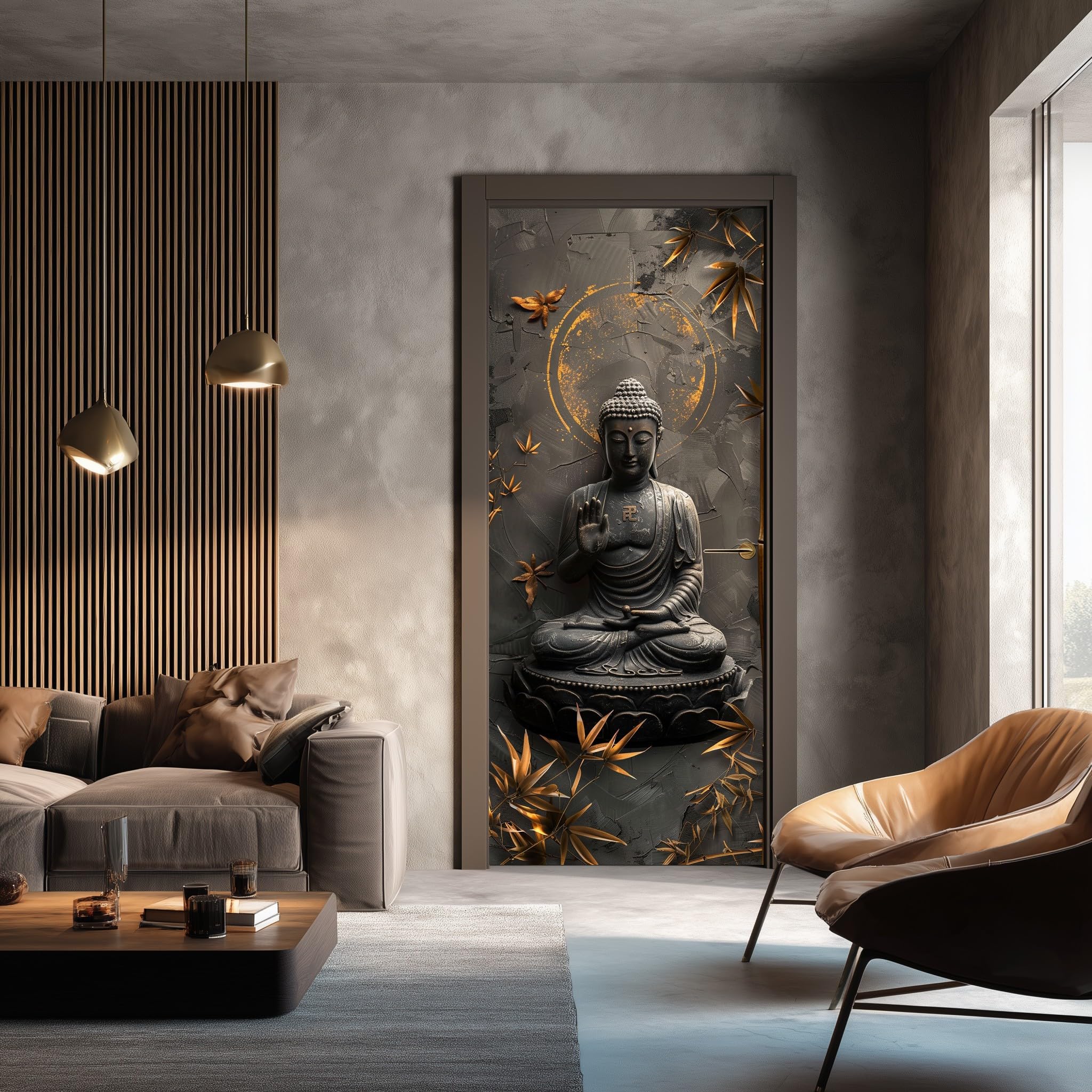 Asiatischer Stil Buddha Türaufkleber Orientalische Blätter Türfolie Selbstklebende Zen Gold Türfolie Türtapete Türposter, PVC Wasserdichte Fototapete Wandbild DIY Türtapete Selbstklebend 95x210 cm