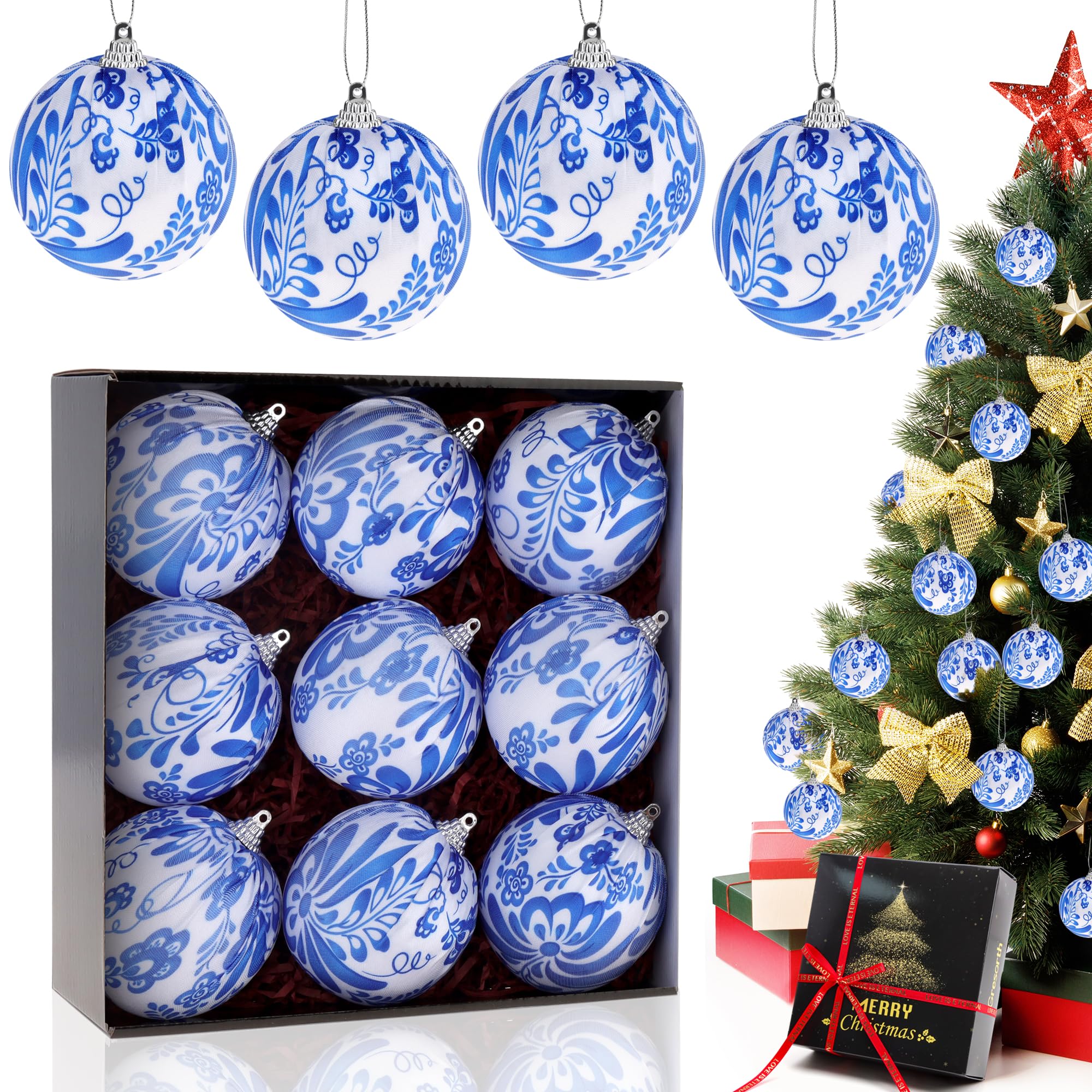 Noël balle suspension déco : boules en tissu bleu et blanc pour table anniversaire