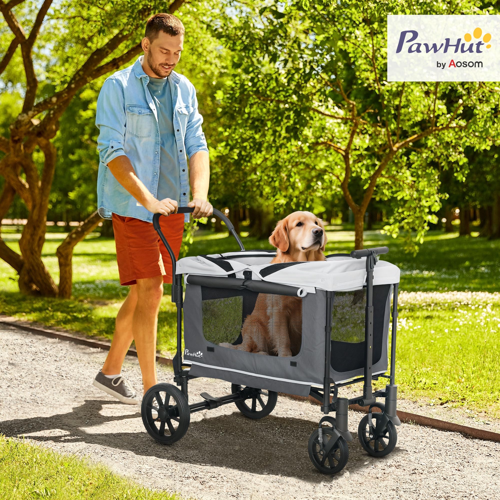 PawHut 2 in 1 Hundewagen Hundebuggy klappbar für Hunde & Katzen bis 30 kg Bollerwagen mit Kissen Netzfenstern 2 Türen Aufbewahrungstasche Katzenwagen Buggy Dunkelgrau