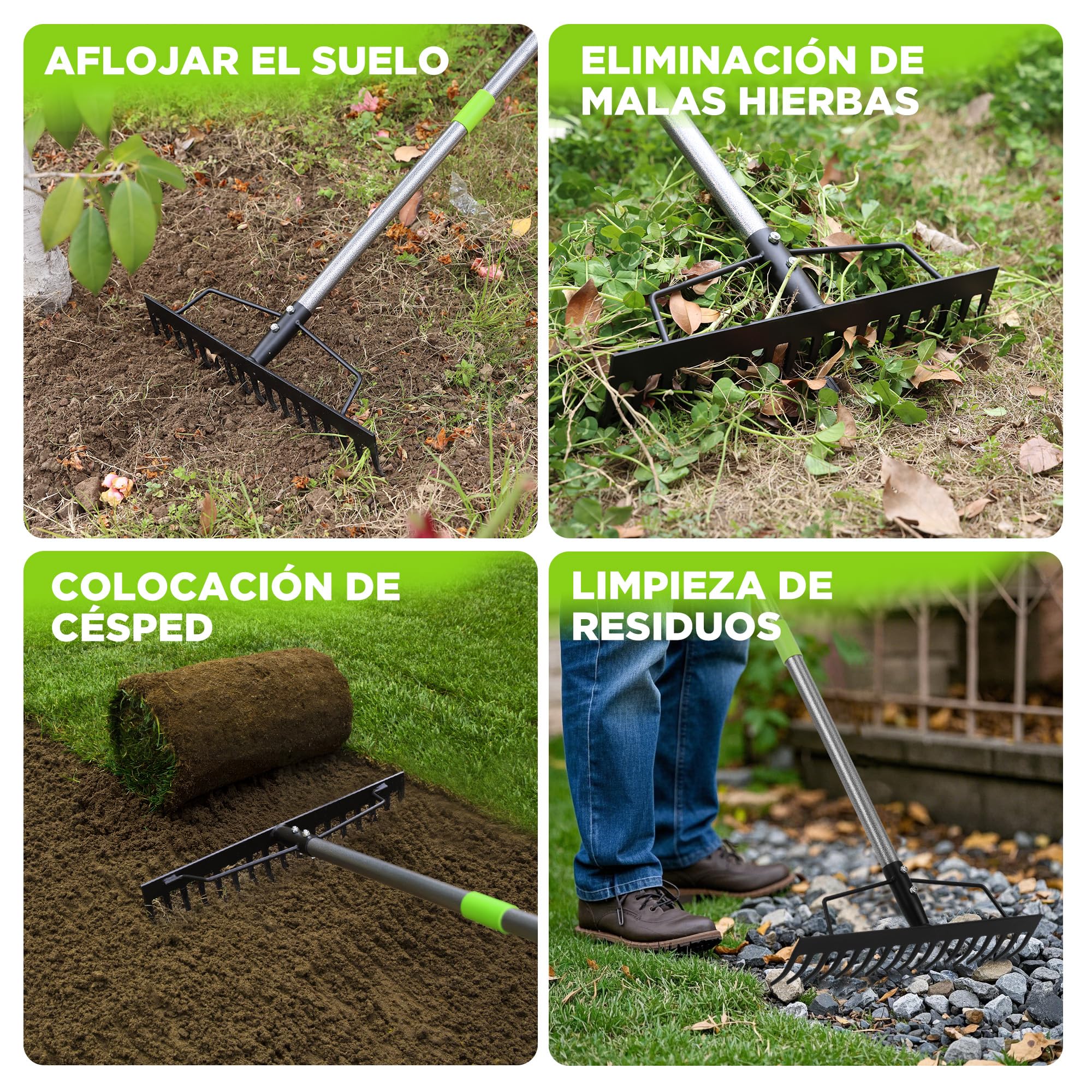 WORKPRO Rastrillo de Jardín Heavy Duty 165 cm, Rastrillo Metálico de 17 Dientes con Mango Ajustable para Aflojar Tierra, Recoger Hojas y Nivelar Césped