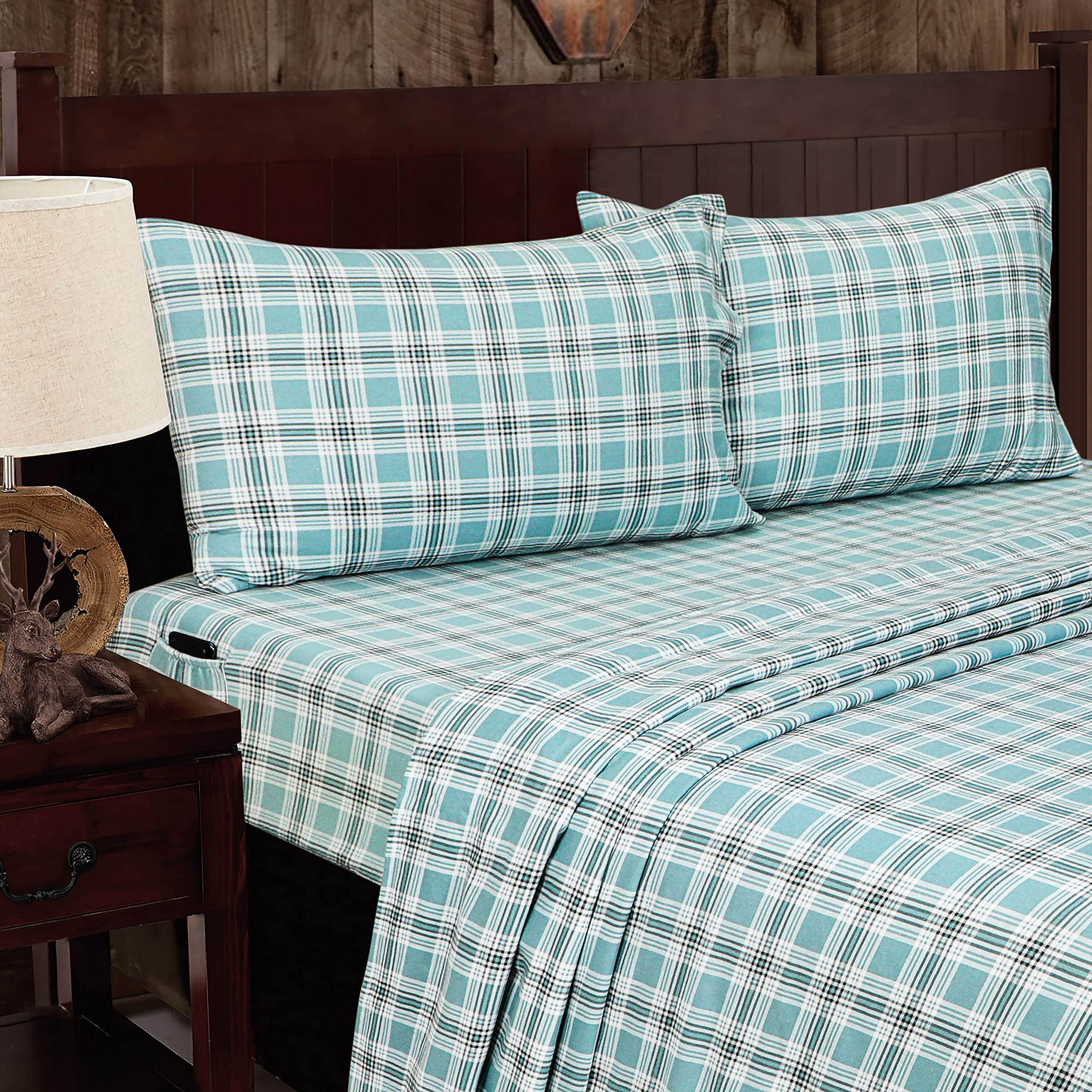 Sleepdown Queen Flannel Sheets - 100% Cotton, Heavyweight 170 GSM, Double Brushed, Green Plaid, 16" Deep Pocket