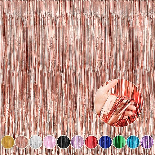 Crosize Paquete de 4 cortinas de fondo de flecos de papel de aluminio de color oro rosa de 3.3 x 9.9 pies, cortinas de fondo de serpentina,