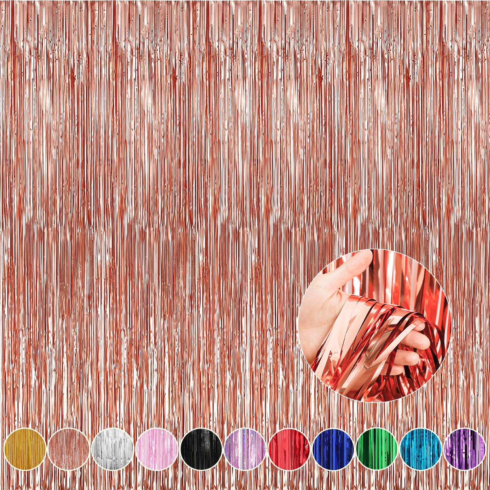 Crosize 4 Pack Rose Gold Party Streamers Backdrop, 3.3 x 9.9 ft | Tinsel Foil Fringe Curtain, Birthday Decorations, Party Decor, Door Streamers, Glitter Photo Backdrop