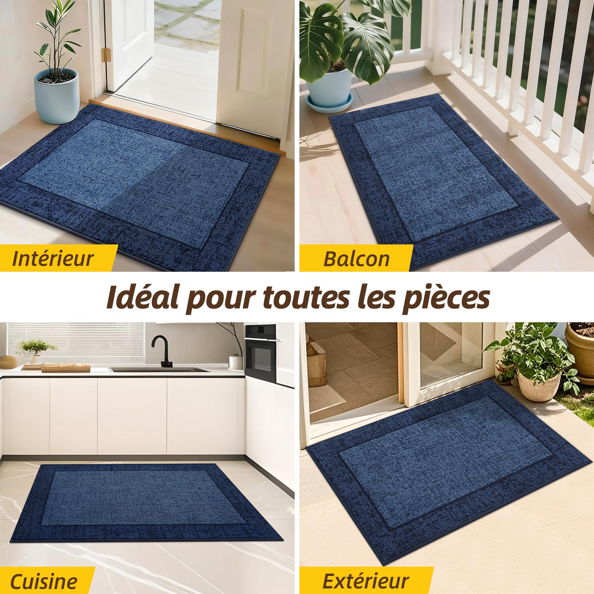 JSEI Tapis Attrape-Salissures Intérieur 80 x 120 cm, Lavable & Antidérapant – Absorbant, Paillasson pour Entrée Couloir & Animaux, Bleu