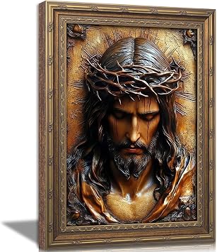 Vintage Gold Framed Jesus Wall Art 3D Texture Jesus Crown of Thorns Christian Painting Canvas Prints Retro Portrait of God Picture Religious Poster Artwork for Living Room Prayer Room Church