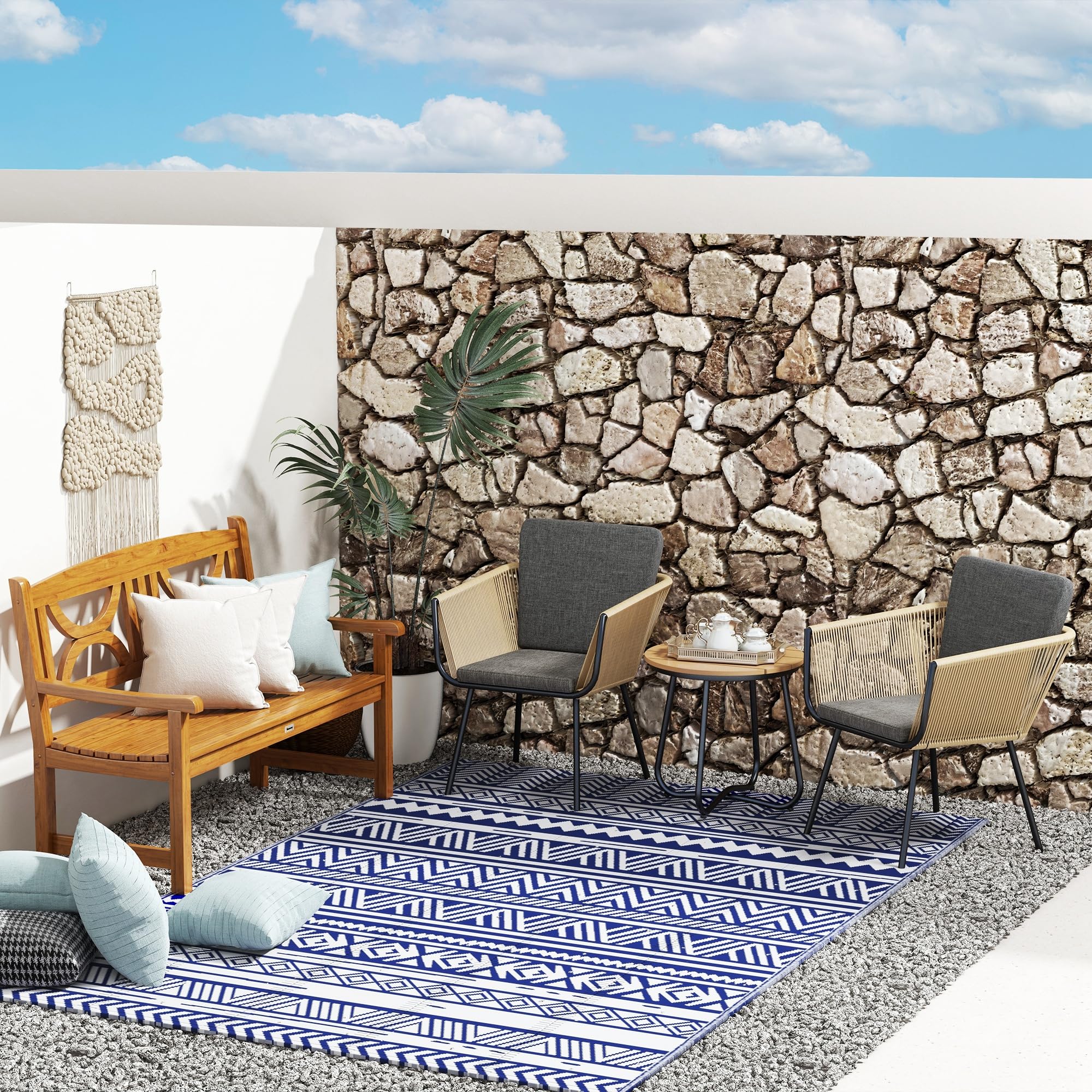 Outsunny Conjunto de Muebles de Jardín Juego de 3 Piezas Muebles de Ratán 1 Mesa Redonda y 2 Sillas Butaca con Cojines Acolchados para Balcón Terraza Acero Caqui y Gris
