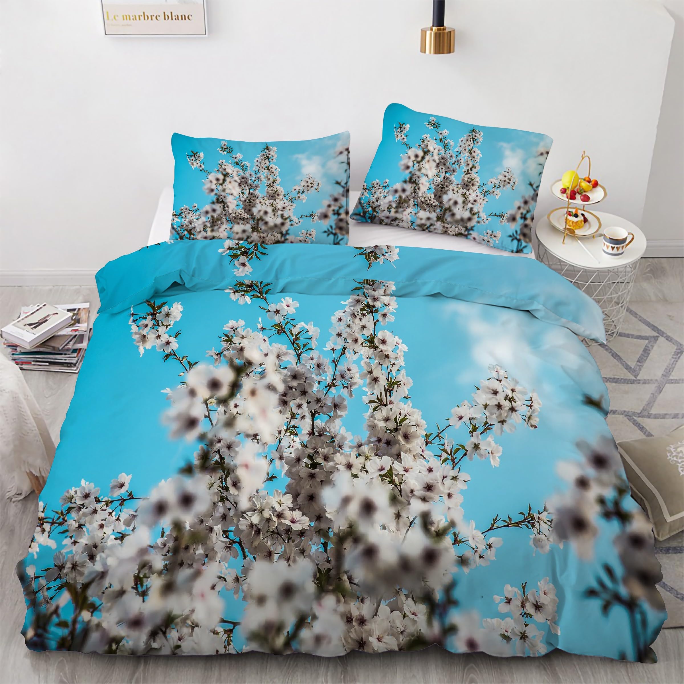 Housse de couette 200x200 fleurs de cerisier et taies d'oreiller microfibre respirante