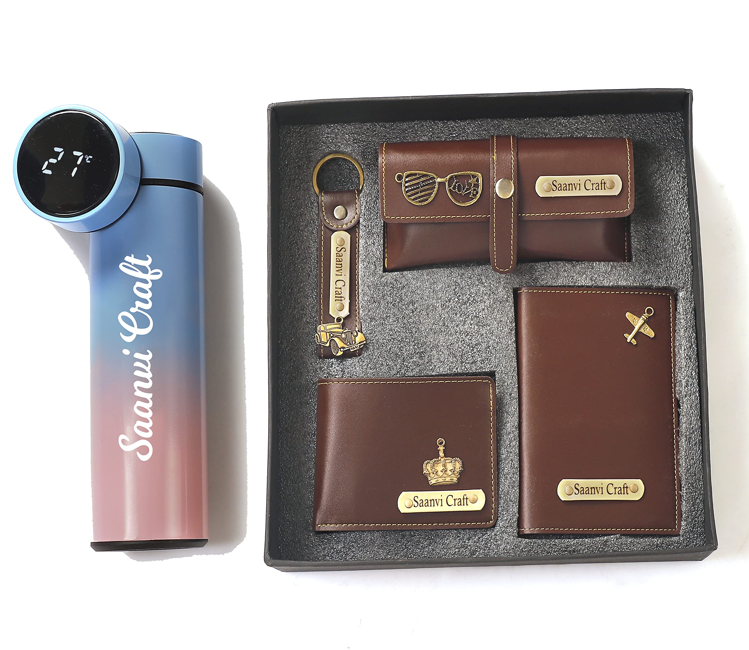 Dream Gift Glore Your Name Personalized 5 in 1 Engraved 1 LED Flask Bottle, Passport Cover with Wallet, Eye Wear Case, and Metal Keychain Combo - Men's Accessories, Birthday Gifts (Brown)