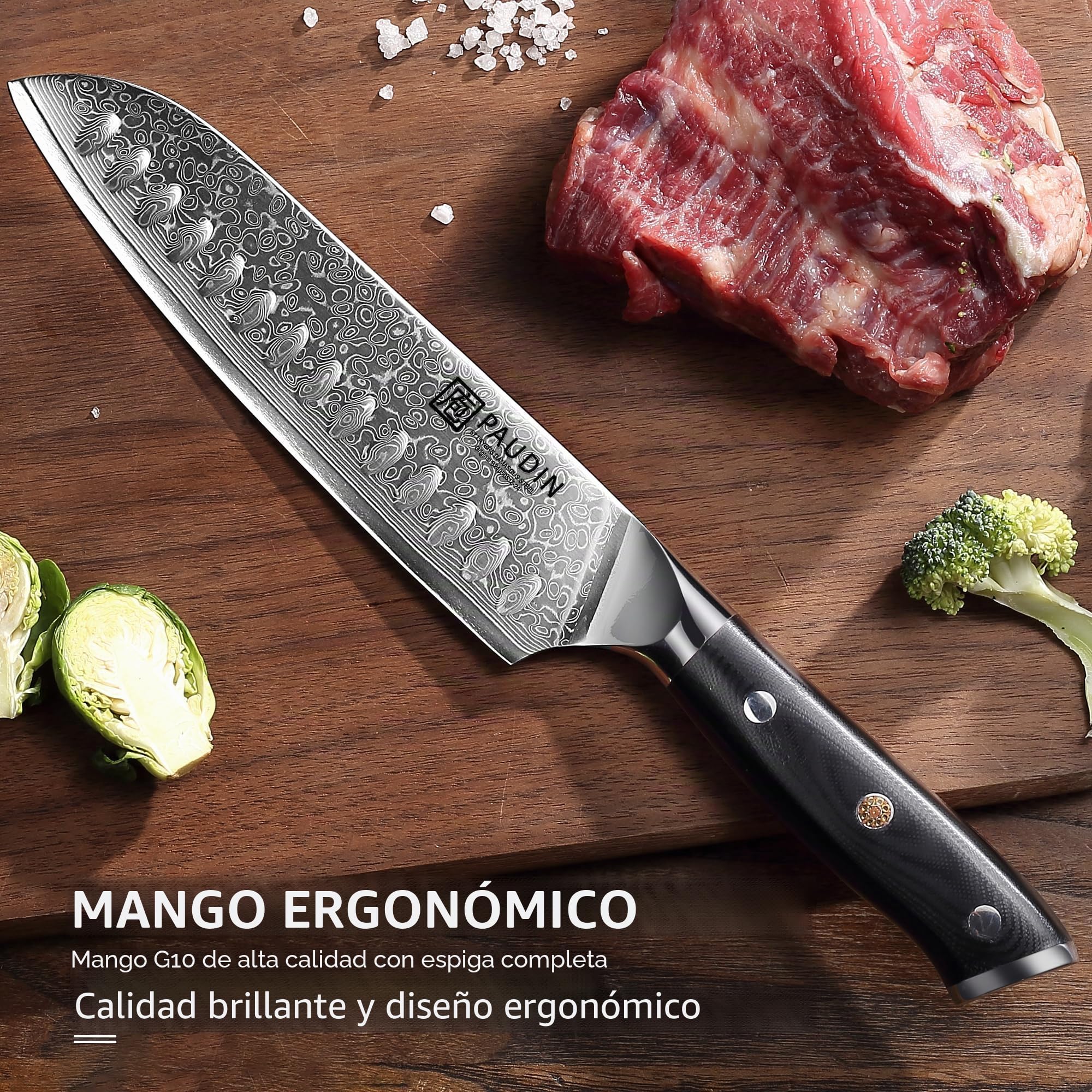 PAUDIN Cuchillo Santoku Damasco 17 cm, cuchillo de cocinero ultra afilado de 67 capas de acero Damasco con alma japonesa VG10, cuchillo de cocina profesional con mango ergonómico G10