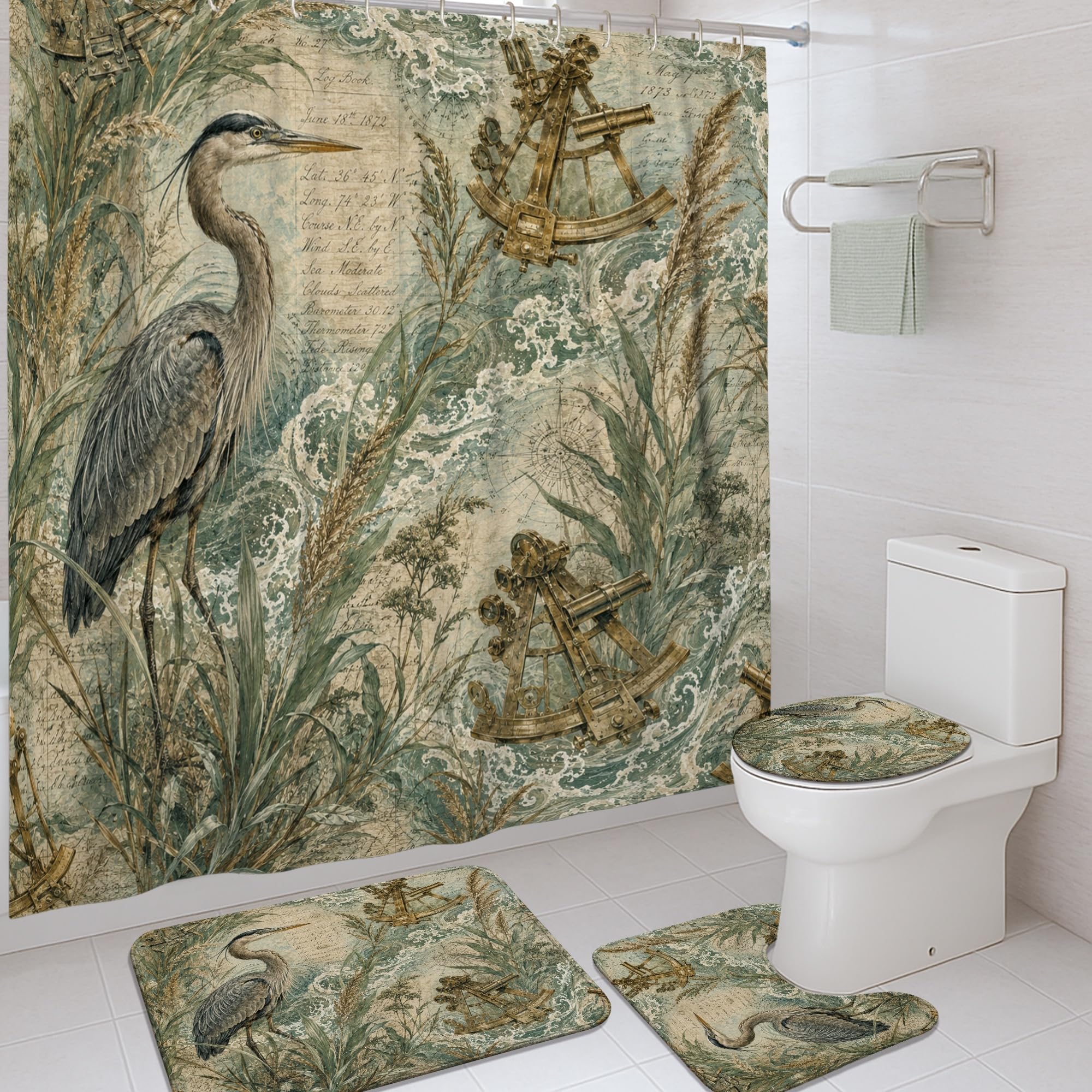 Rideau de douche boussole naturelle Heron tissu imperméable 183x183