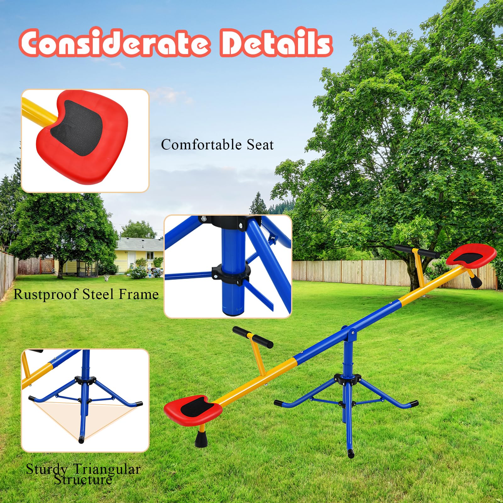 HOMASIS 2-Sitzer Kinderwippe, Schaukelwippe Outdoor 360° drehbar Metall, Gartenwippe bis 60 kg, für Kinder 3-8 Jahre (Blau)